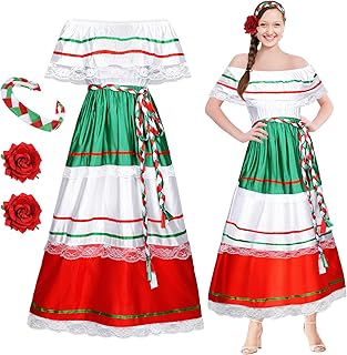 Riyiper Traditional Mexican Dress for Women Fiesta Senorita Costume Spanish Dress with Flower Hair