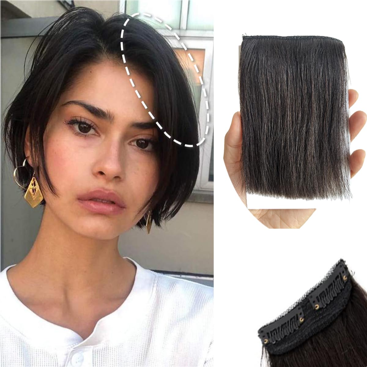 FEIPRO Real Human Hair Silky Straight Short Hair Extensions Hair Volume Insert Clip Natural Invisible Lady Parts Frontal Bangs Toppers for Women Men Thinning Hair Short Hair 4"#1B Natural Black - Image 3