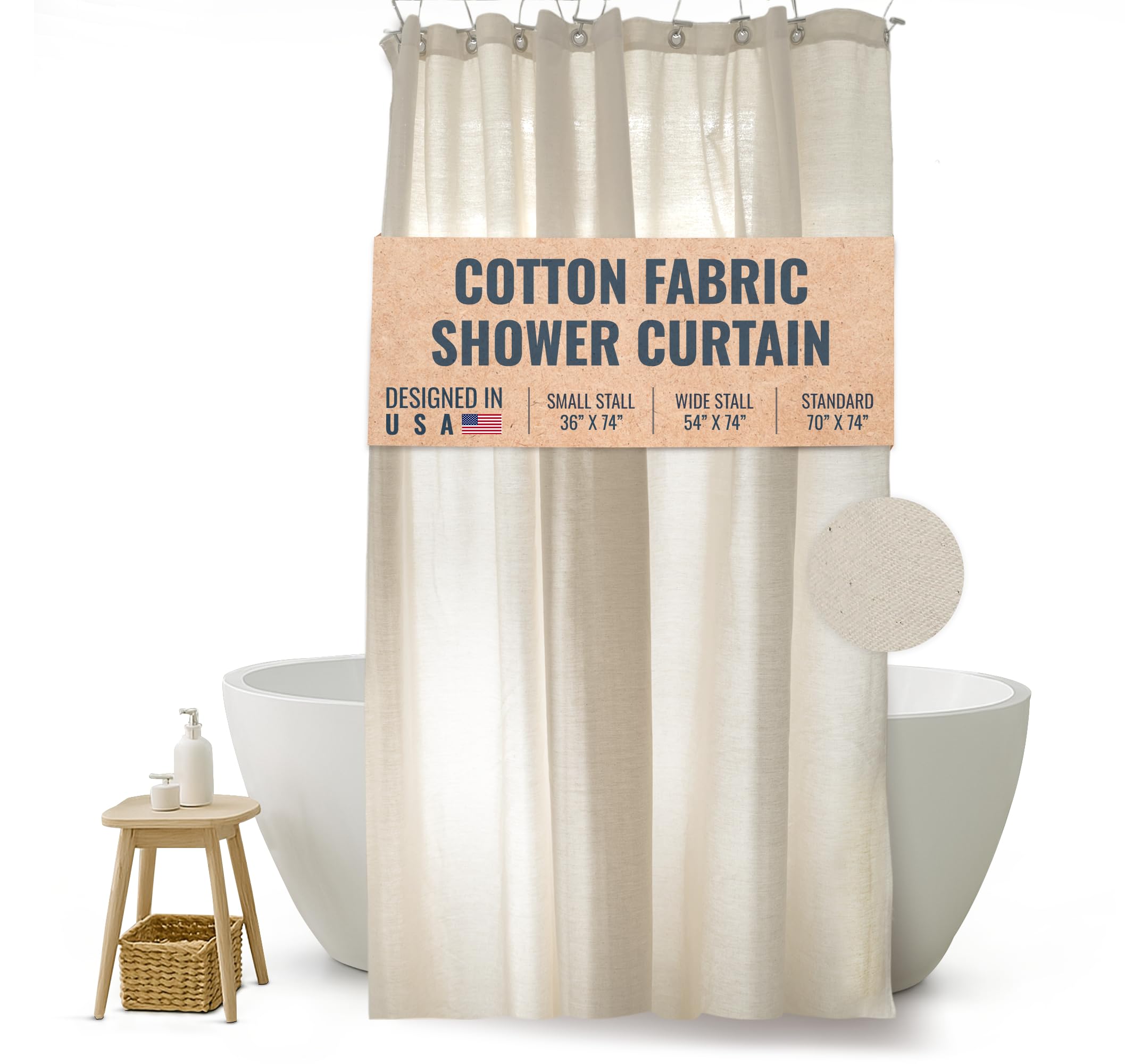 FABRIC SHOWER CURTAIN LINER 36"x74" SMALL Stall Size - Stylish Quality Bathroom Drape - Earth Friendly Non-Toxic Odor-Free NATURAL Cotton Liner, Light-Weight Washable natural Shower Curtain 36NC