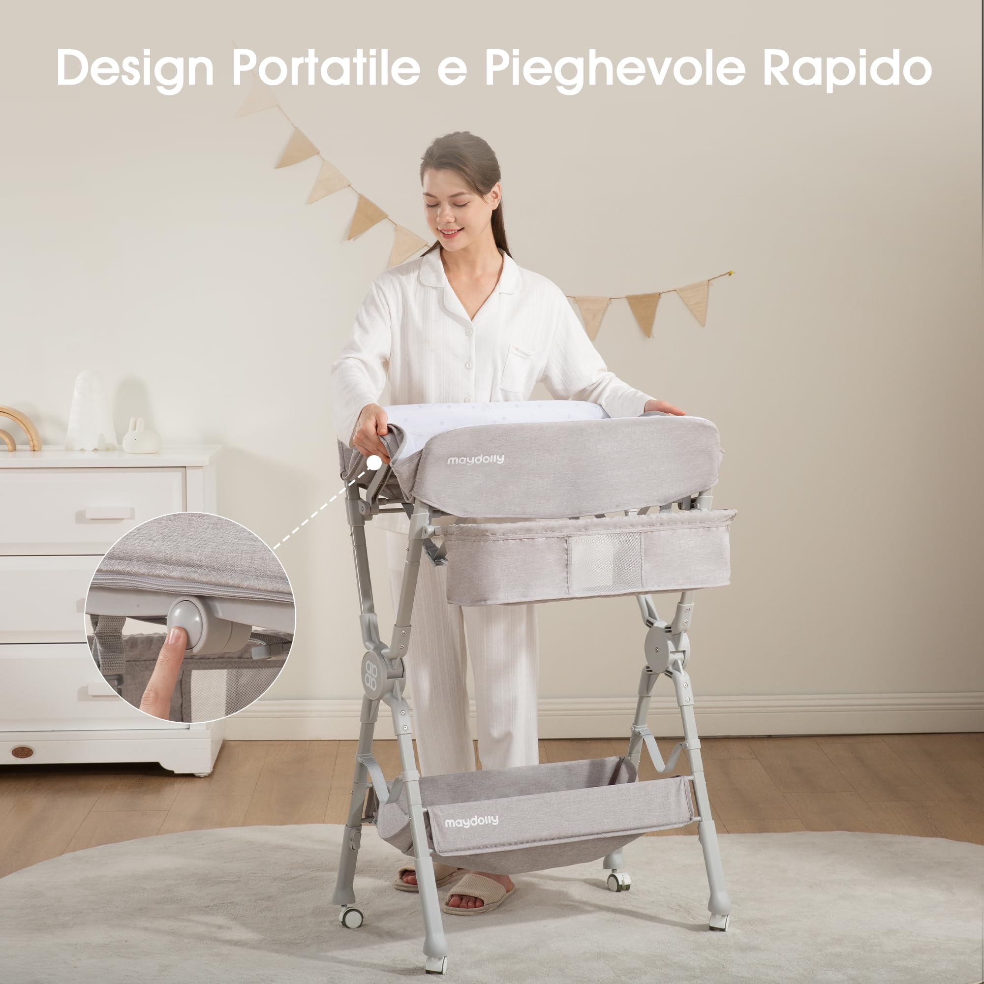 Fasciatoio pieghevole e regolabile in altezza Maydolly, fasciatoio portatile con ruote, materassino impermeabile e facile da pulire, fasciatoio salvaspazio con ripiani – grigio