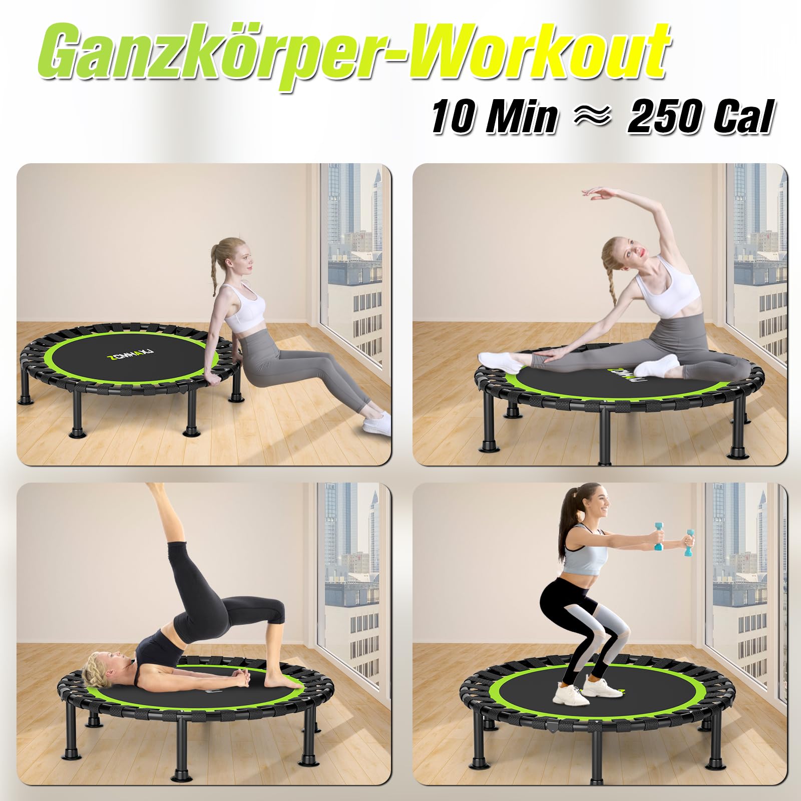 ZCMHAXJ Faltbares Mini-Trampolin, 101,6 cm, Rebounder-Trampolin für Erwachsene und Kinder, 204 kg Kapazität mit/ohne U/T-Form, verstellbare Stange, Indoor-Fitness-Workout-Übungsgerät
