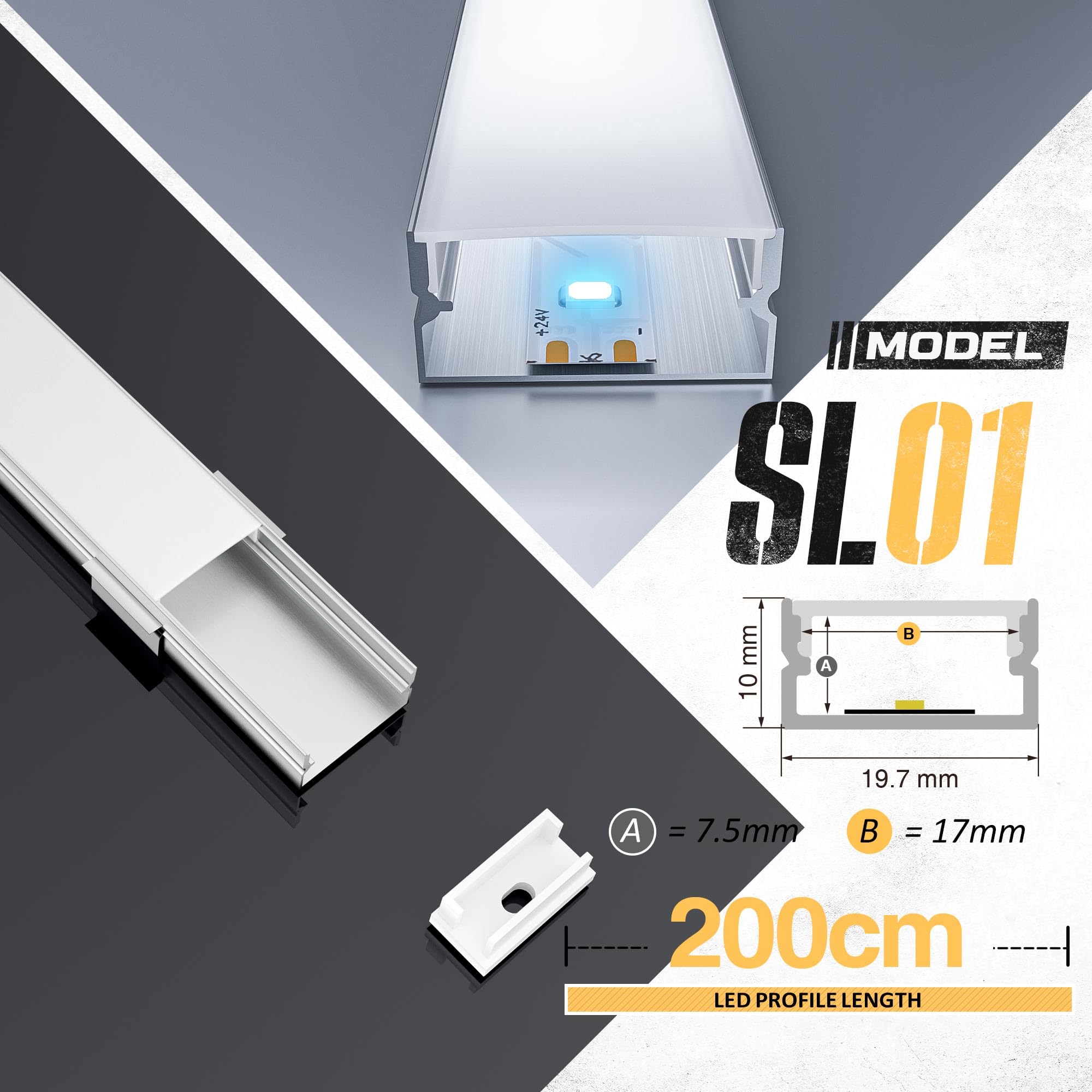 GEEKLUX Profili Alluminio per Strisce LED 25 × 2 m, Profilo Led a Forma di U, Canalina led con Diffusore Opalescente, Adatto per strisce led Fino a 17 mm, Dimensioni 19.7 × 10mm (25 * 2M(Totale 50M))