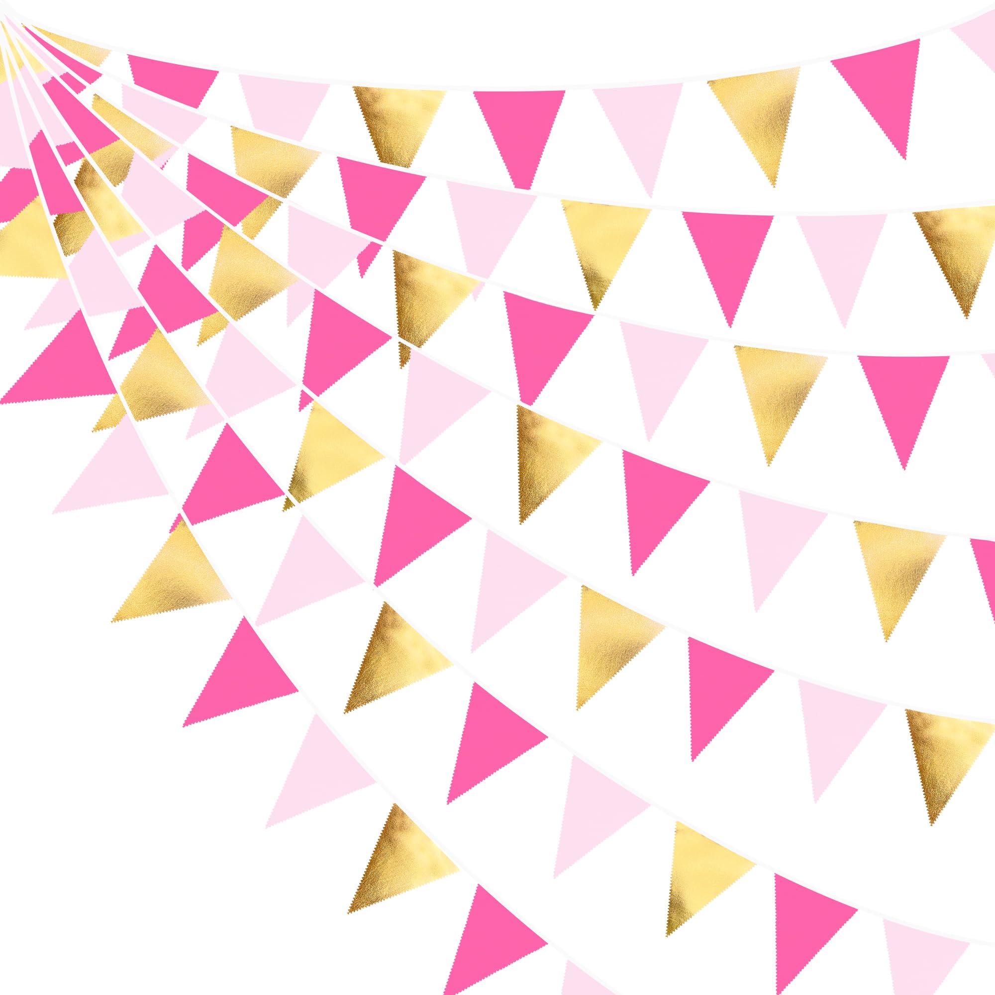 Partydekoration, 90 cm, Rotgold, Metallic-Gold und Hot Pink, Dreieck-Flagge, Stoffbanner, Wimpelkette, Girlande, Luftschlangen für Hochzeit, Babyparty, Geburtstag, Zuhause, Kinderzimmer, Outdoor,