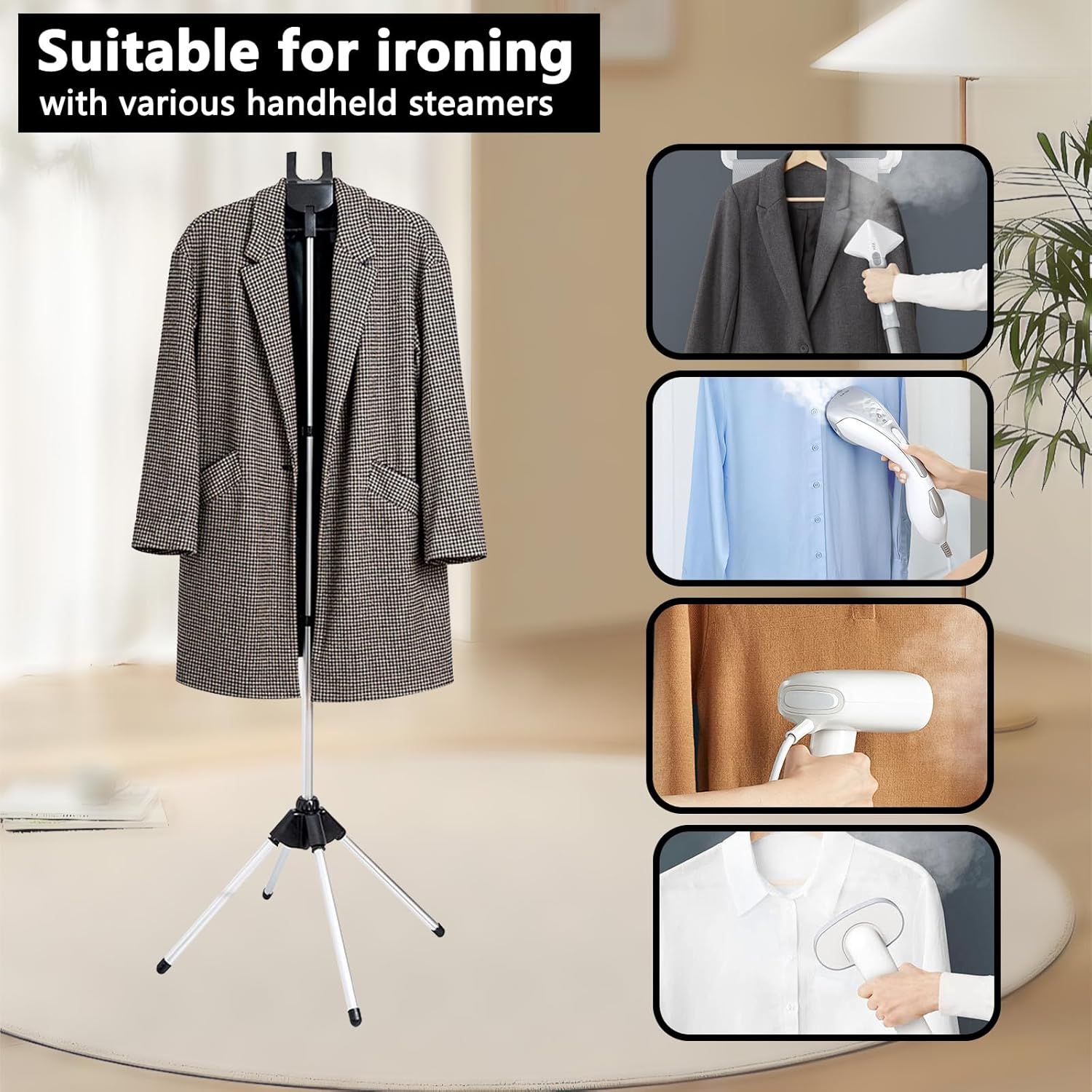 Foldable Clothes Steamer Stand with Adjustable Height & Ironing Gloves – Universal Garment Steamer Rack Compatible with Most Steamers, Portable Hanging Rack for Easy Steaming and Storage (Black)