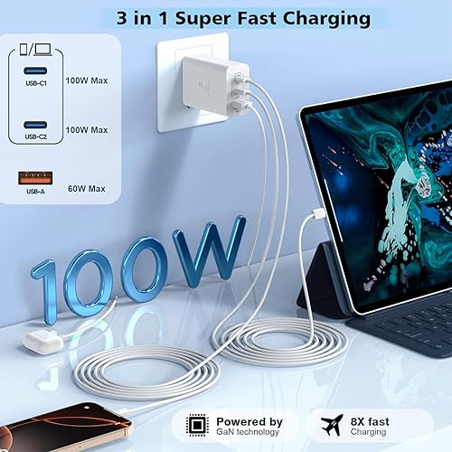 Miniatura 3 de Cargador USB C de 100 W, paquete de 2 cables tejidos USB C a C de 140 W, cable trenzado de 6 pies, 100 W, tipo C, bloque de cargador para MacBook