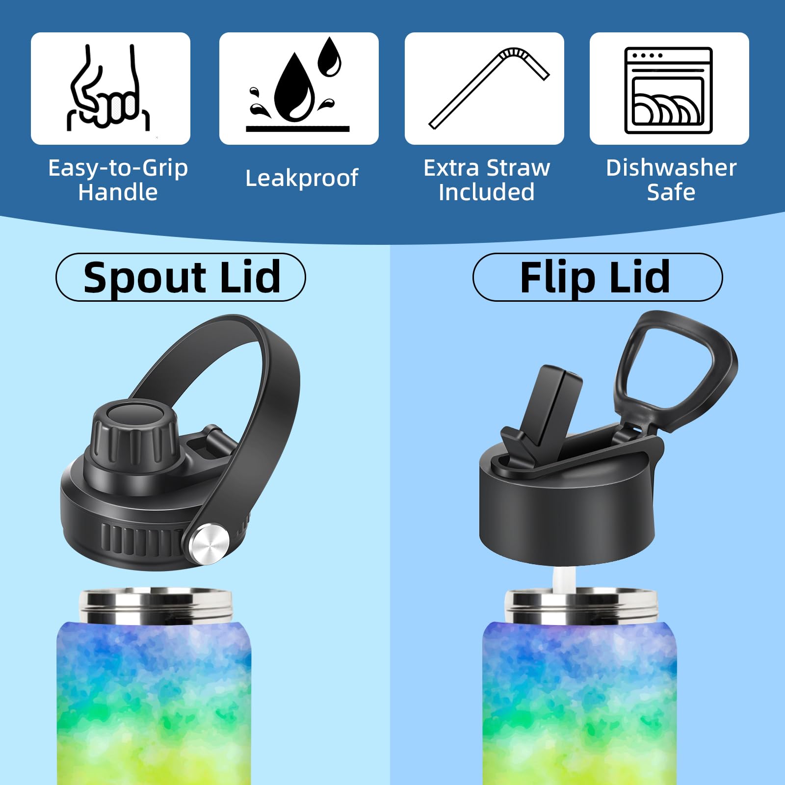 22oz Stainless Steel Insulated Water Bottle,Leak Proof Water Bottle with Stainless Steel Insulation with Carry Handle,Cold and Hot Drinks Sport Water Bottle for Sports Travel Gym(Colorful) - Image 3