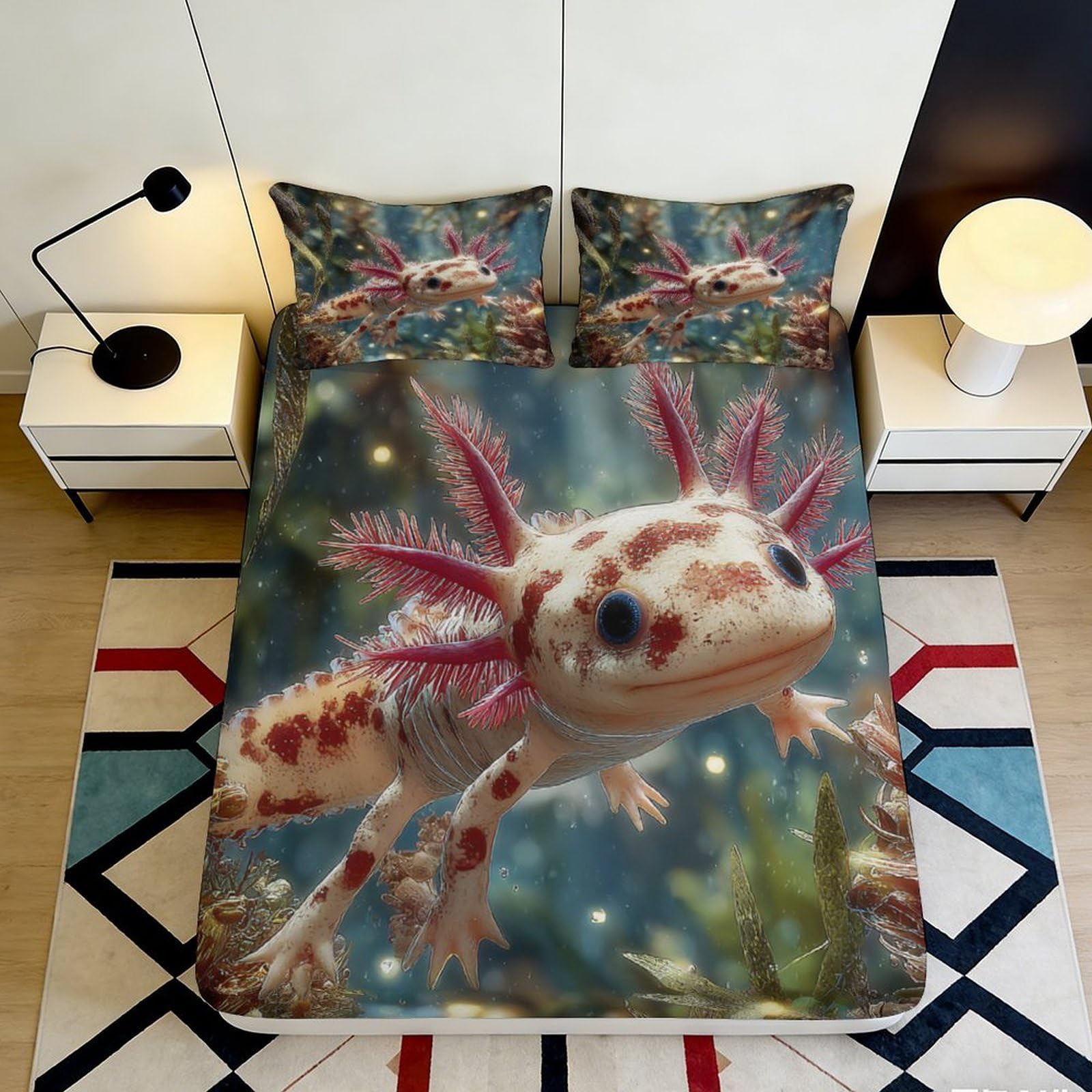 3D Printed Axolotl Underwater Fitted Sheet Microfiber Soft Breathable Salamander Bed Cover for Bedroom Dorm Decor 90x200x25cm