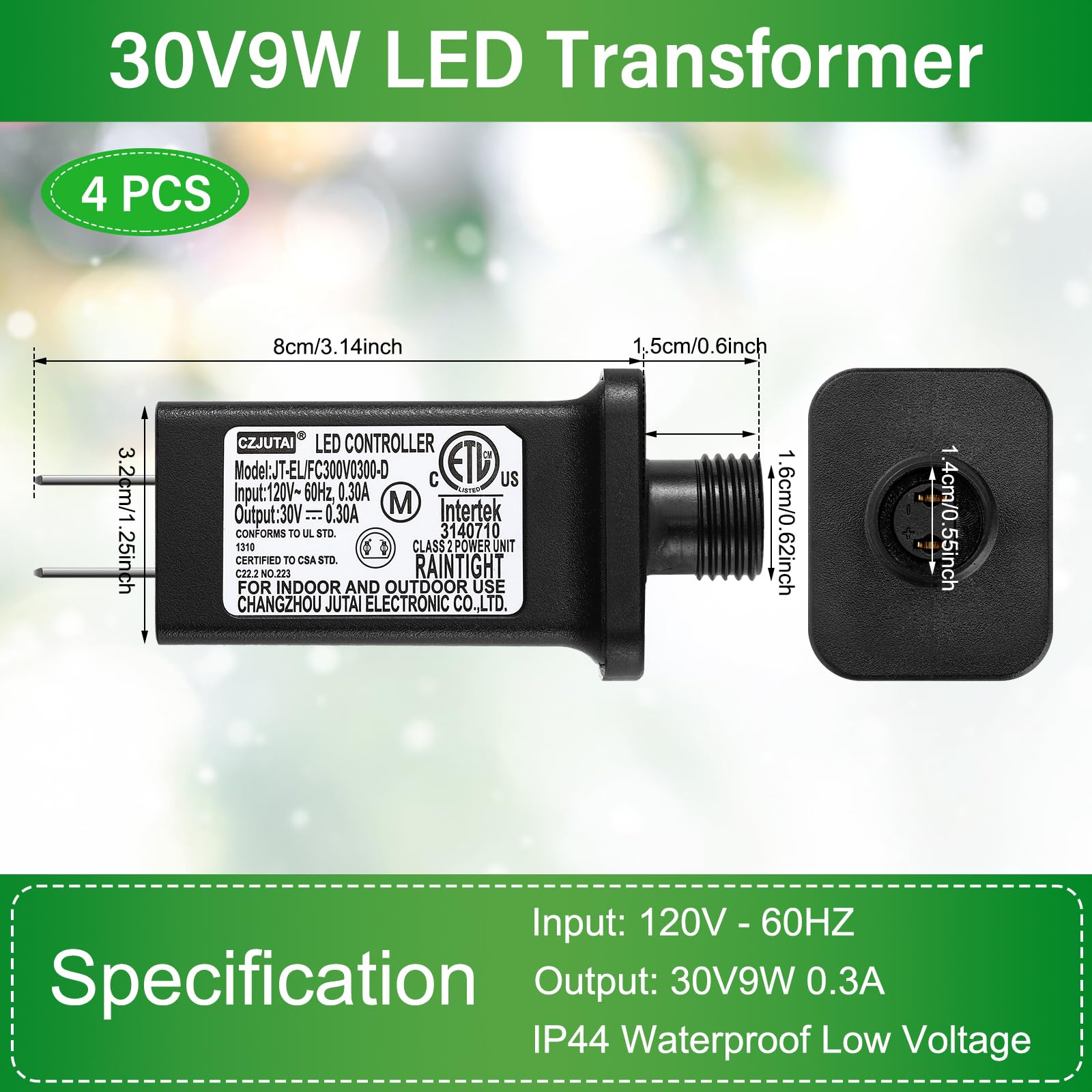 4 Pcs LED Transformer Replacement Class 2 Power Supply for Christmas String Light Inflatable Decorations LED Controller IP44 Waterproof Low Voltage Transformer US Power Adapter for Home (30V9W 0.3A)