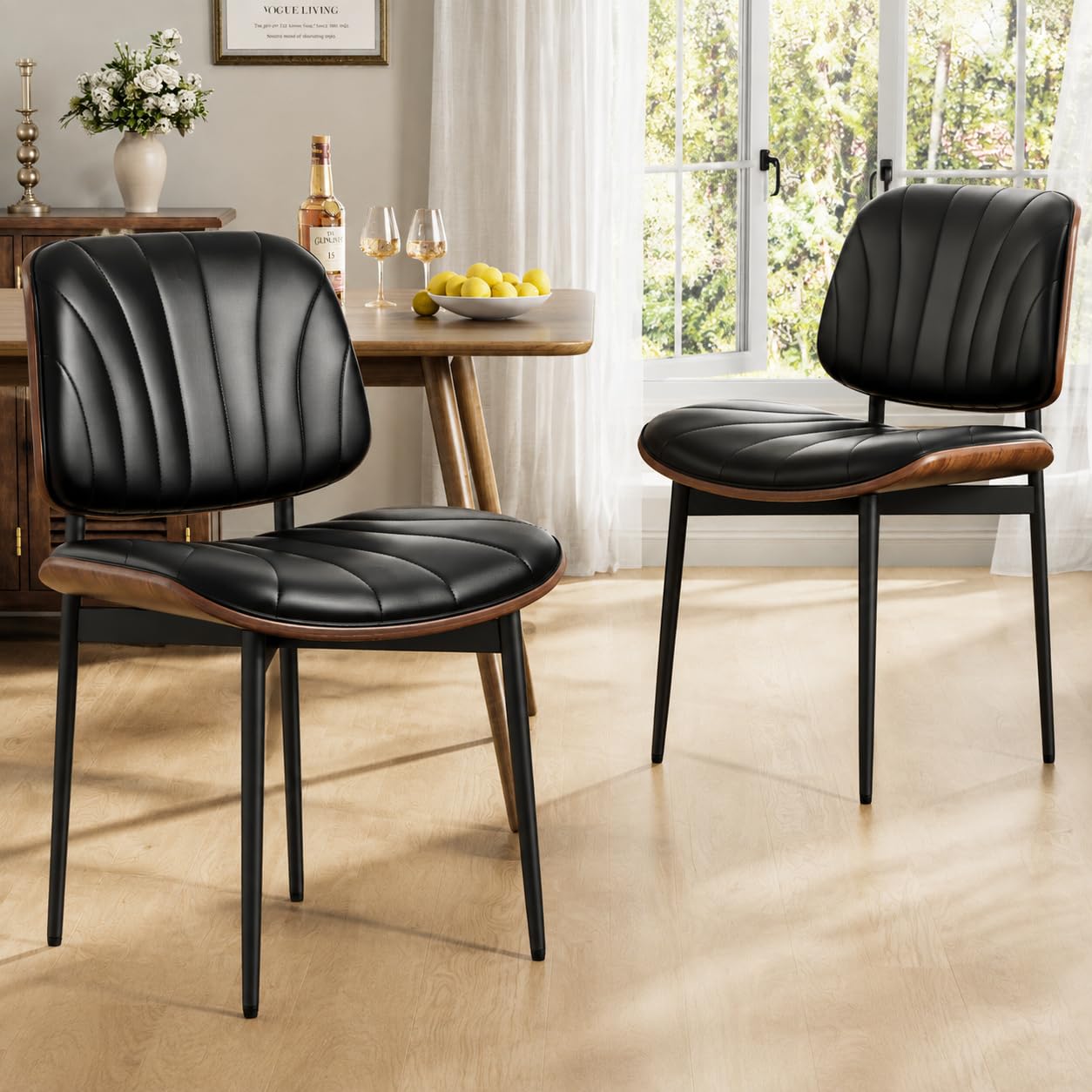 REONEY PU Leather Dining Chairs in Black Shell Strips