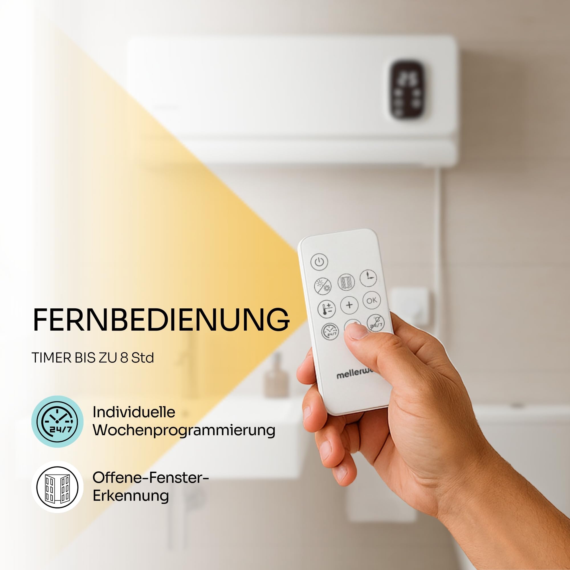 Mellerware Homy Wall Wandheizer, energiesparend, Keramik, 2000 W, Timer, 2 Temperaturstufen, LED-Display, Fernbedienung, Überhitzungsschutz
