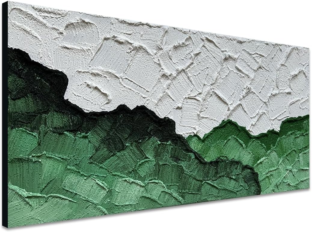 Hand-Painted Green White Texture Oil Painting Modern Abstract Canvas Wall Art Minimalist Color Block Artwork Home Decoration 24x48 Inches