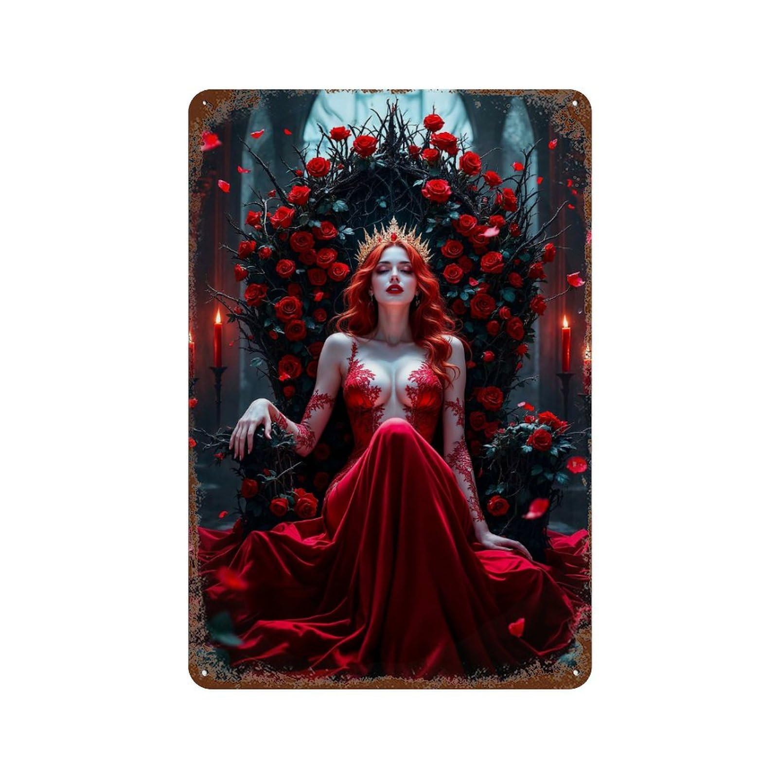Vintage Rust Metal Sign with Red Queen on Throne Design 11.8"x7.9", for Shed, Workshop And Garage Wall Decor, Classic Wall Plaque
