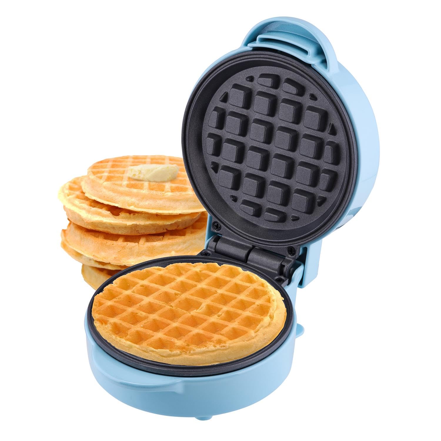Sensio Home Mini Waffle Maker Machine Blue | Non Stick Coating | Recipes Included | Fun Snack Maker | Compact Size | Indicator Light | Cool Touch 550W