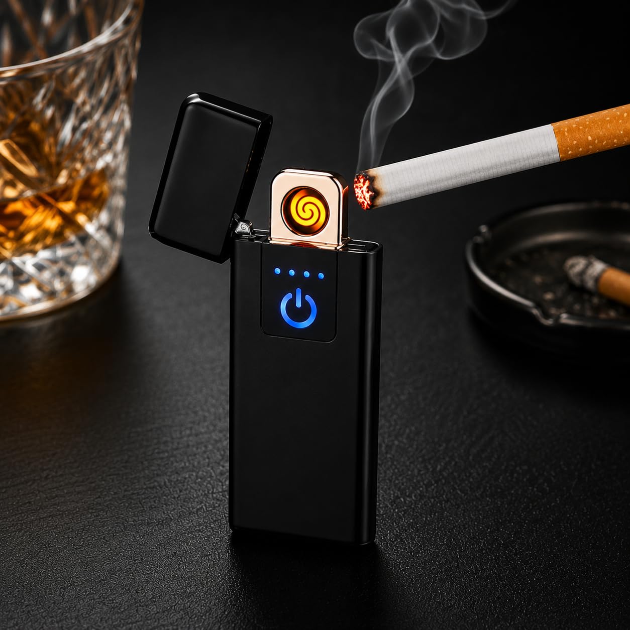 USB Rechargeable Electric Lighter for Men | Flameless Windproof Arc Cigarette Lighter | Touch Sensor Metal Body | Portable Pocket Lighter with Battery Indicator | Black-image-23