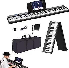 VEDO Piano Digital DobráVel Kit, 88 Teclas Semipesadas, Recarregável, 128 Tons, 128 Ritmos, 20 CançõEs de DemonstraçãO, USB-MIDI, Pedal SustentaçãO, Suporte MúSica Para Presentes Iniciantes, Preto