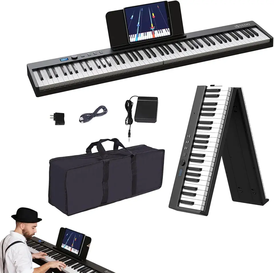 VEDO Piano Digital DobráVel Kit, 88 Teclas Semipesadas, Recarregável, 128 Tons, 128 Ritmos, 20 CançõEs de DemonstraçãO, USB-MIDI, Pedal SustentaçãO, Suporte MúSica Para Presentes Iniciantes, Preto