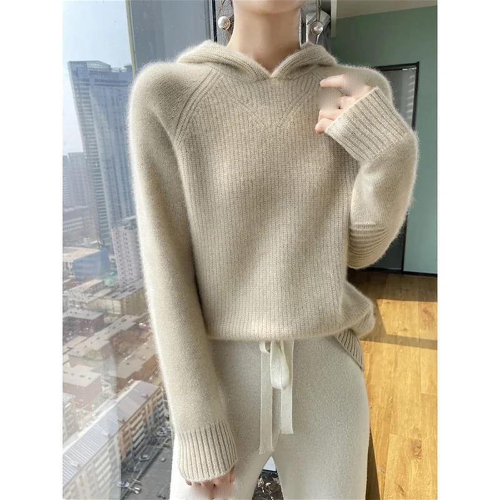 Yeuyyben Maglione da donna in cashmere con cappuccio allentato casual da donna maglioni invernali con cappuccio a maniche lunghe, Riso Crudo Fleece, XS
