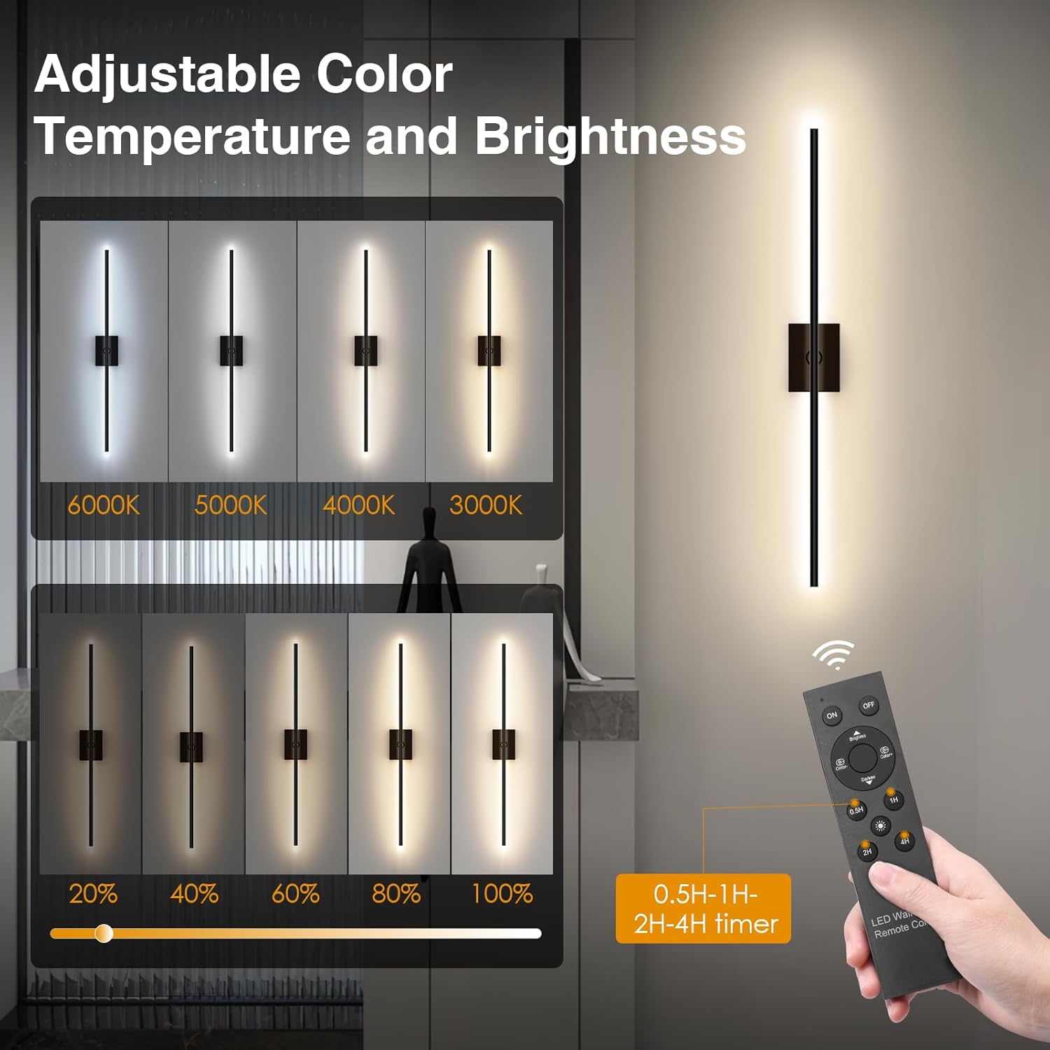 Battery Operated Wall Sconce with Remote Control, Wall Sconces Set of Two, Dimmable Led Lights for Bedroom, 3000K-6500K Battery Lights for Wall Decor, Hallway, 31 Inch