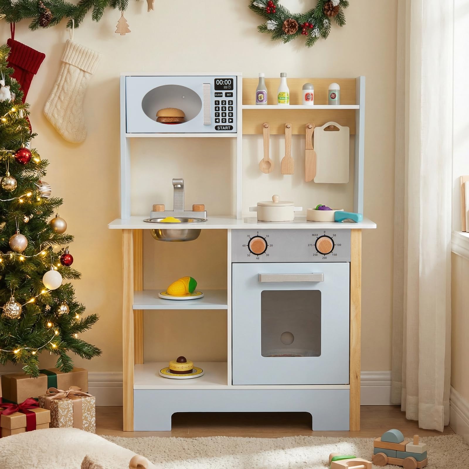 COSTWAY Cucina Giocattolo in Legno per Bambini, Set Cucina Gioco con Lavagna e Accessori Completi, Gioco di Finzione per Bambini 3+ Anni, 61,5 x 26 x 85 cm