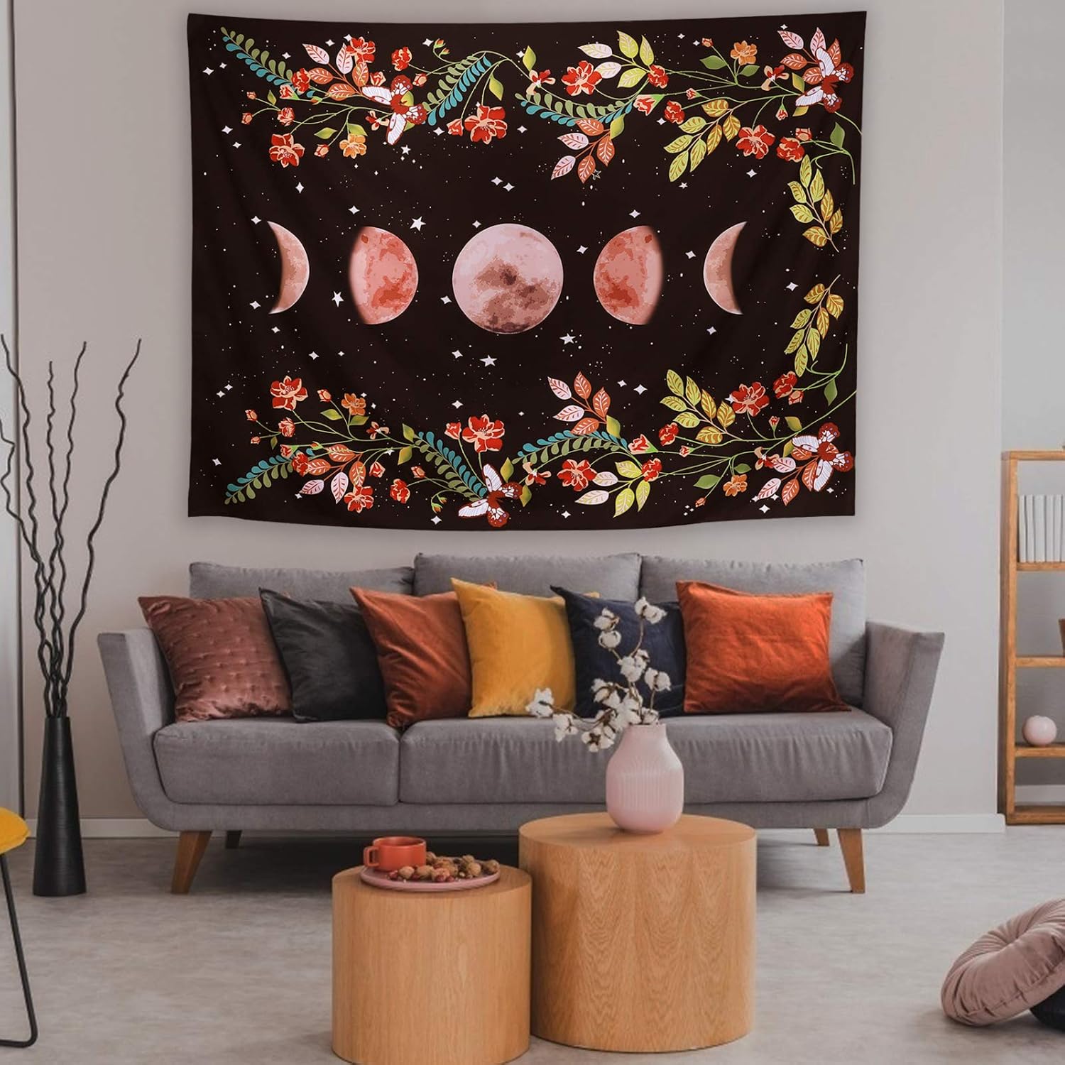 Moonlit Garden Tapestry Boho Wall Tapestry Aesthetic Moon Phase Tapestries with Flower Mandala Wall Hanging Black Wall Decor for Room(51.2 x 59.1 inches)