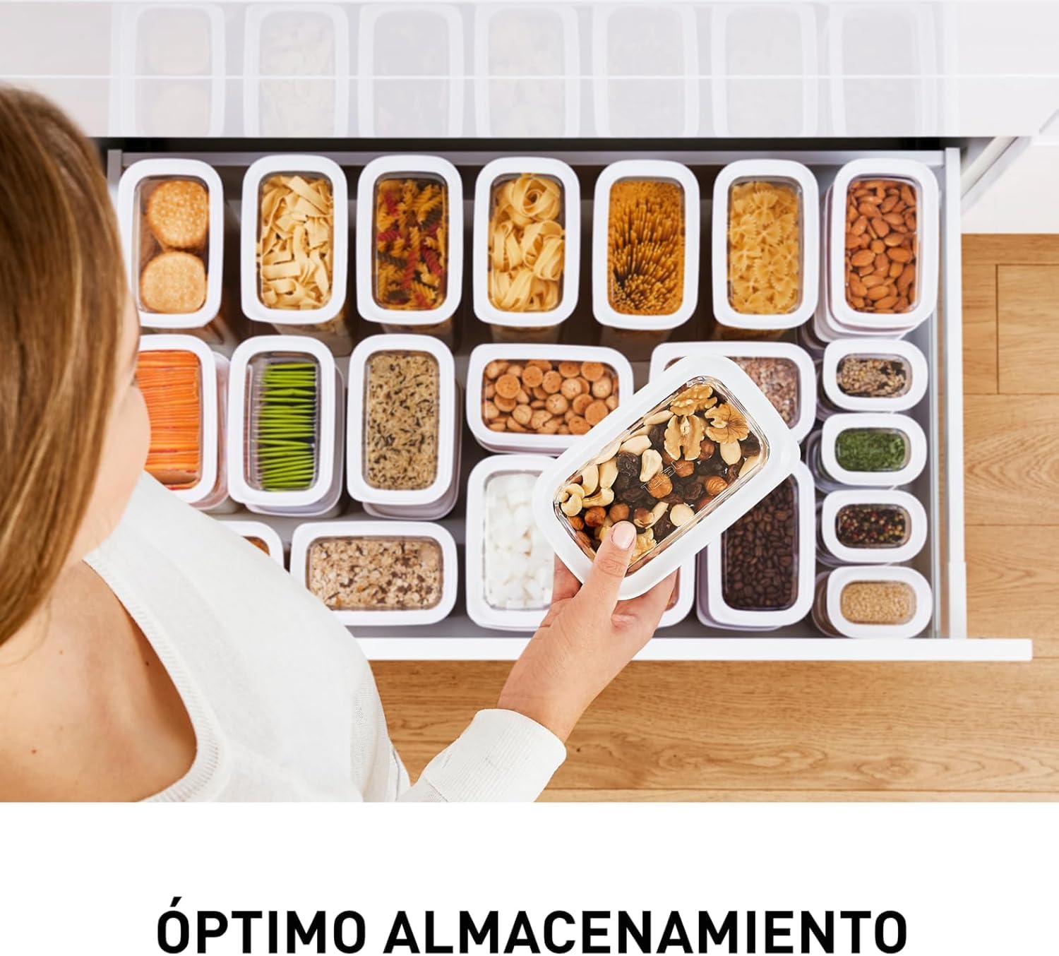 Emsa Optima Dry Food - Set 5 Recipientes Herméticos de Plástico Rectangular, higiénico, fácil apilamiento, tapa cierre a presión y bordes antideslizantes, certificado "Baby Care", apto lavavajillas