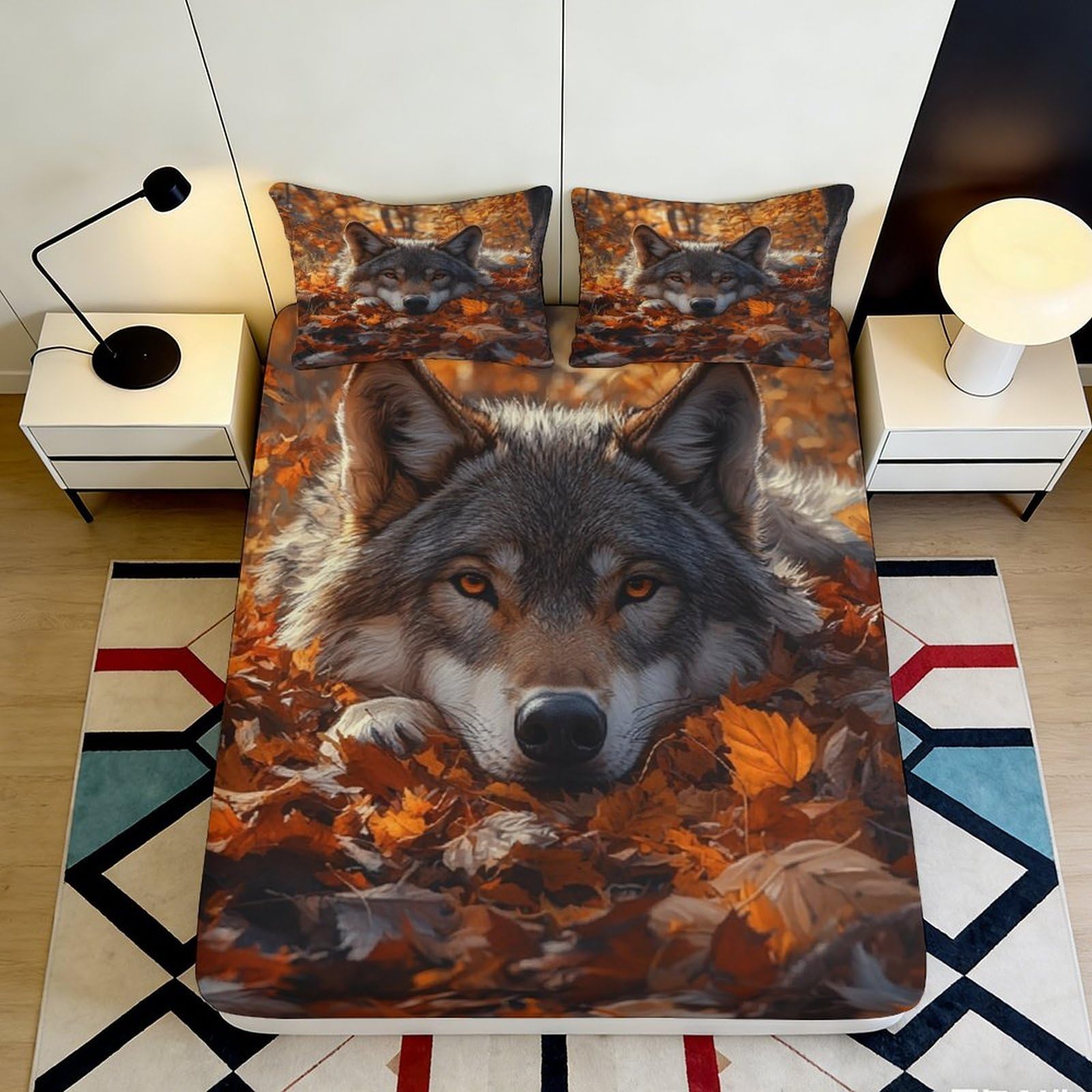 3D Printed Wolf Autumn Leaves Fitted Sheet Microfiber Soft Breathable Forest Bed Cover for Bedroom Dorm Decor 90x200x25cm