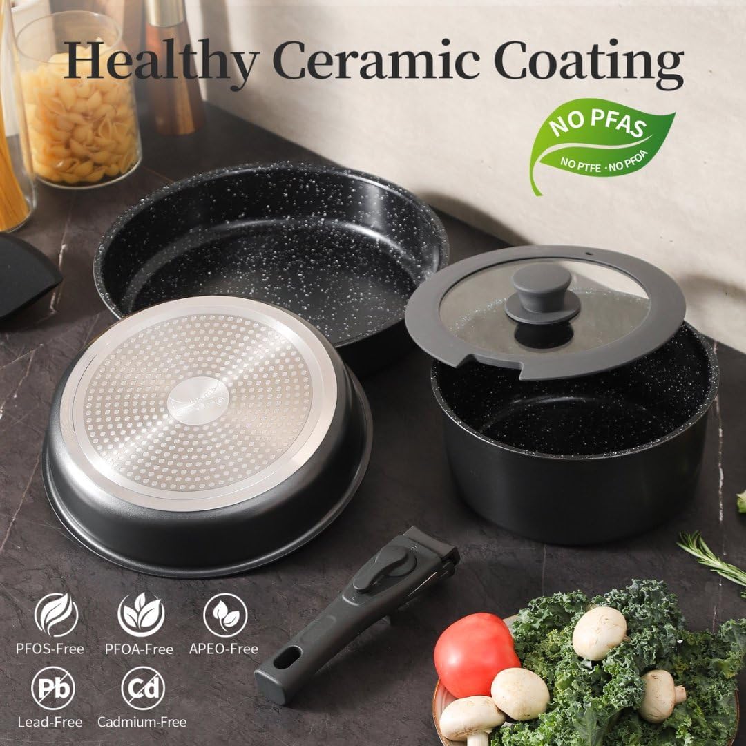 Pots and Pans Sets Non Stick，6PCS Ceramic Cookware Sets Nonstick Detachable Handle，Induction hob Pans(Grey)