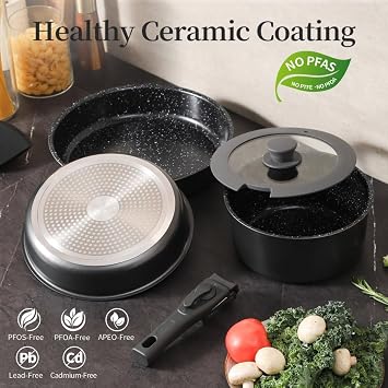Pots and Pans Sets Non Stick,6PCS Ceramic Cookware Sets Nonstick Detachable Handle,Induction hob Pans(Grey)