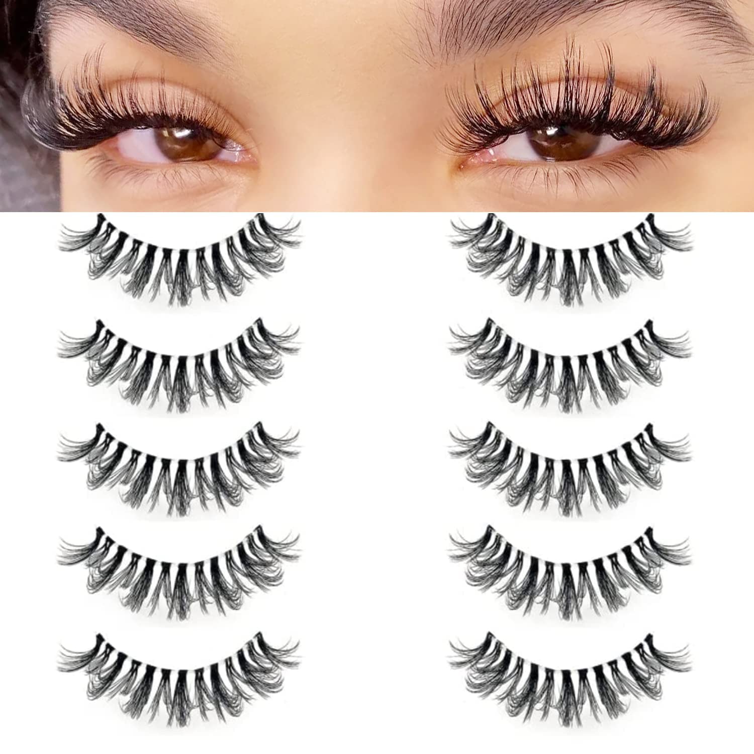 KSYOOClear Band Dramatic Mink Lashes 8-15mm D Curl, Fluffy Semi-Dramatic 3D Multi-Layered Strip Lashes, Reusable, Invisible Band - 5 Pairs (U6)