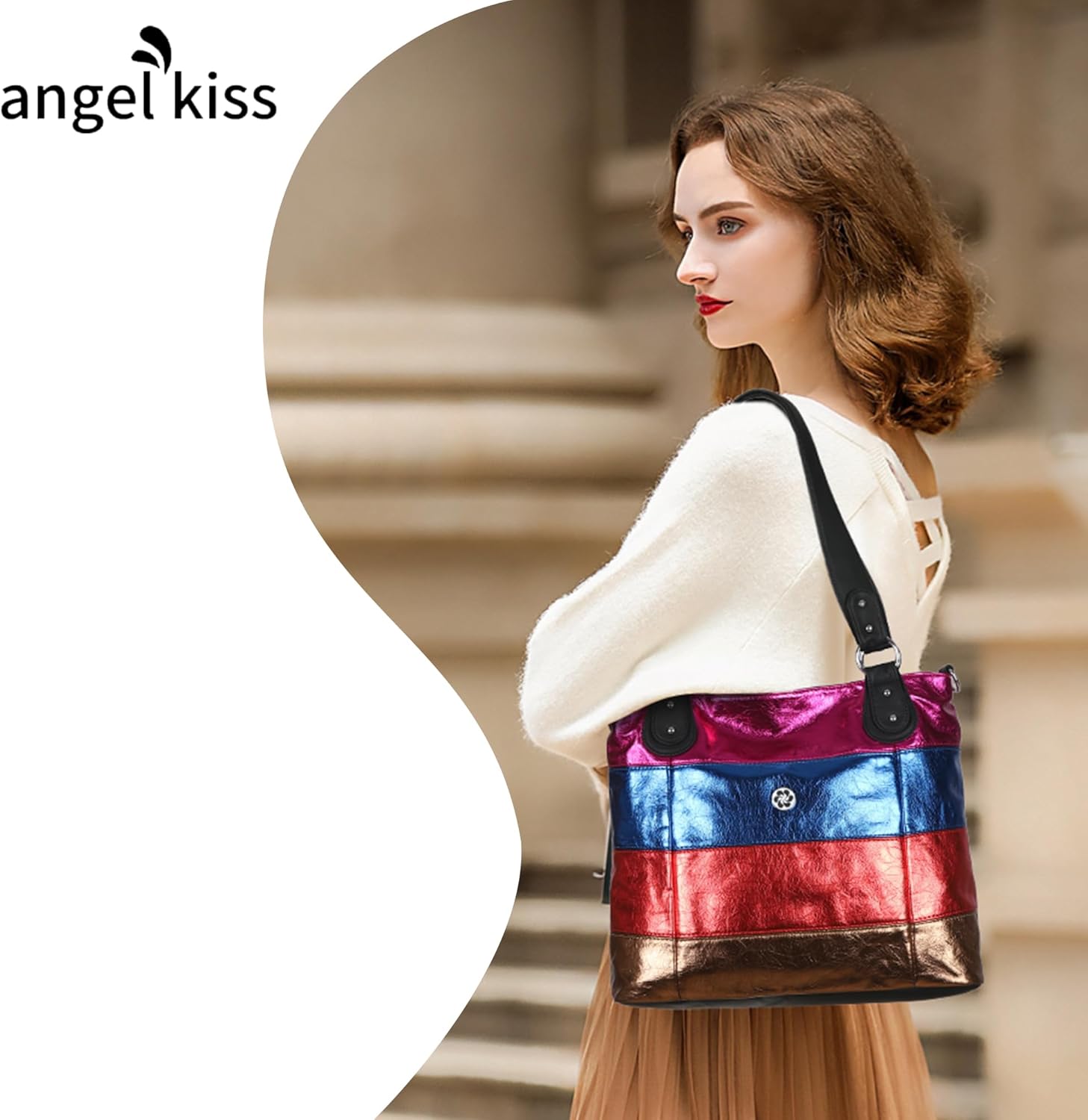 Angel Kiss Hobo Purses for Women Multi-Color Striped Lattice Cross Body Shoulder Purse Bag Tote Handbag - Image 2