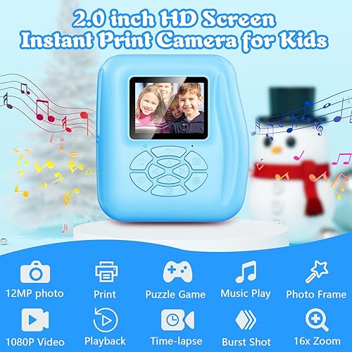 Miniatura 6 de Cámara de impresión instantánea para niños, cámara digital 1080P, teléfono de video selfie conectado, regalo ideal para niños y niñas de 3 a 12 años