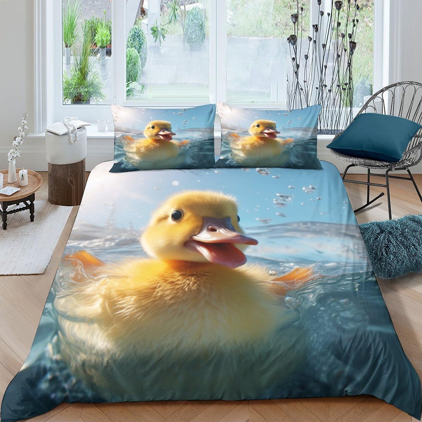 GPLZQXKJNH 3D Printed Cute Duck Duvet Cover Set Microfiber Soft Yellow Animal Quilt Cover with 2 Pillowcases for Bedroom Home Decor Single（135x200cm）