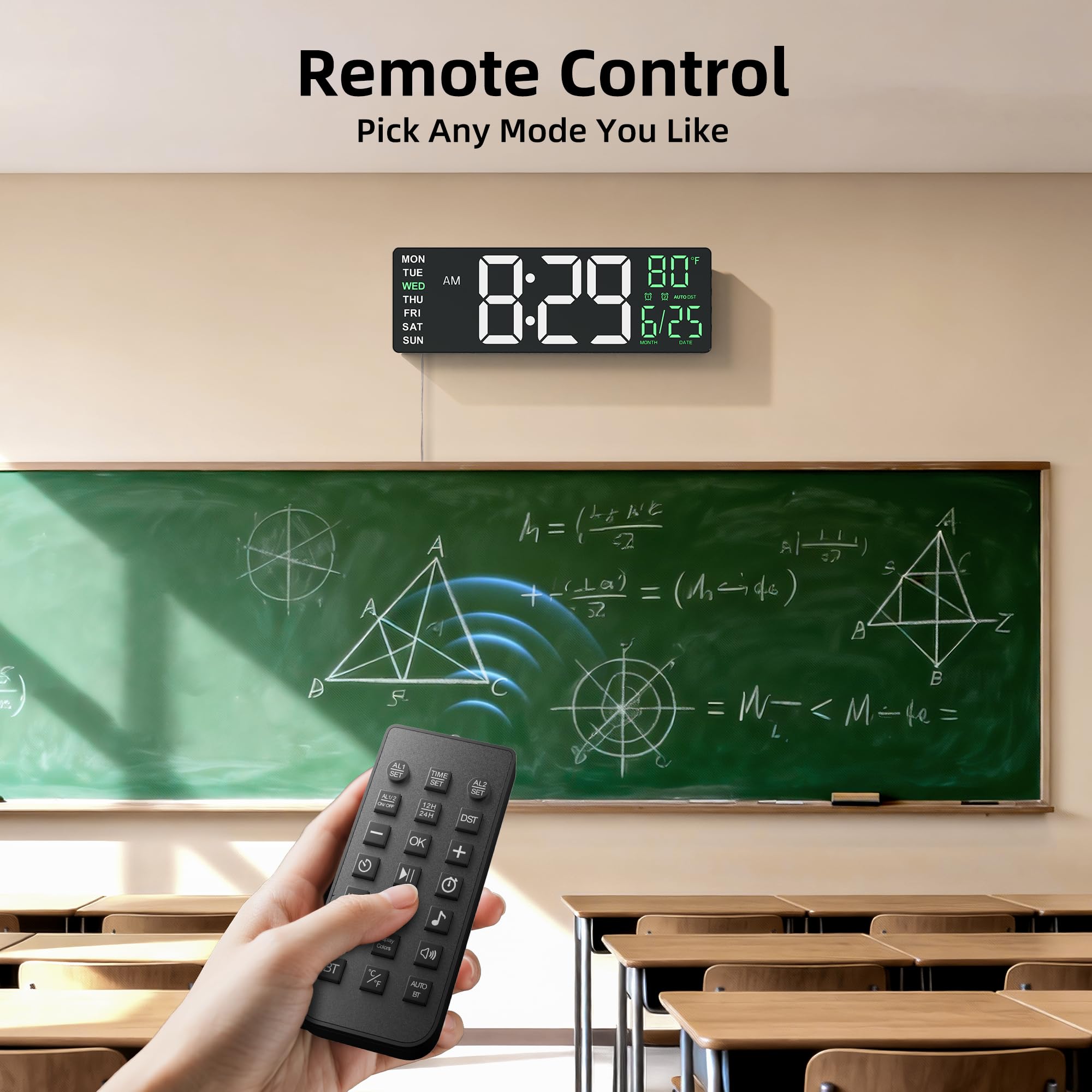 EASYERA Grande horloge murale numérique de 41,9 cm avec écran anti-reflets, lumières RVB avec télécommande 10 scènes, luminosité réglable, double alarme, DST automatique, synchronisation BT