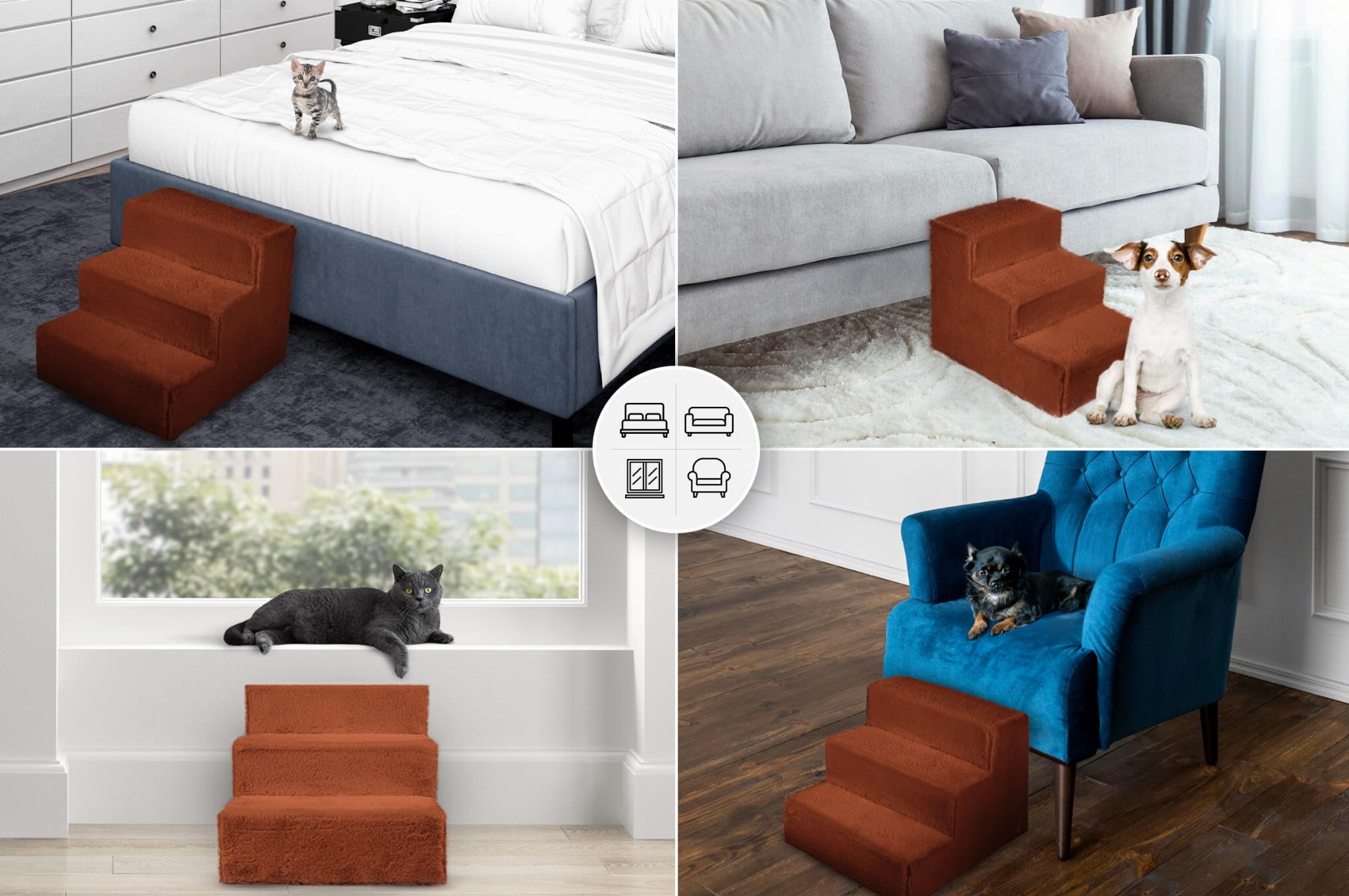 MG Design Escalera para Mascotas de Naranja – 3 peldaños – Marco de Madera Estable, Ligera y cómoda, para sofá y Cama, para Perros y Gatos