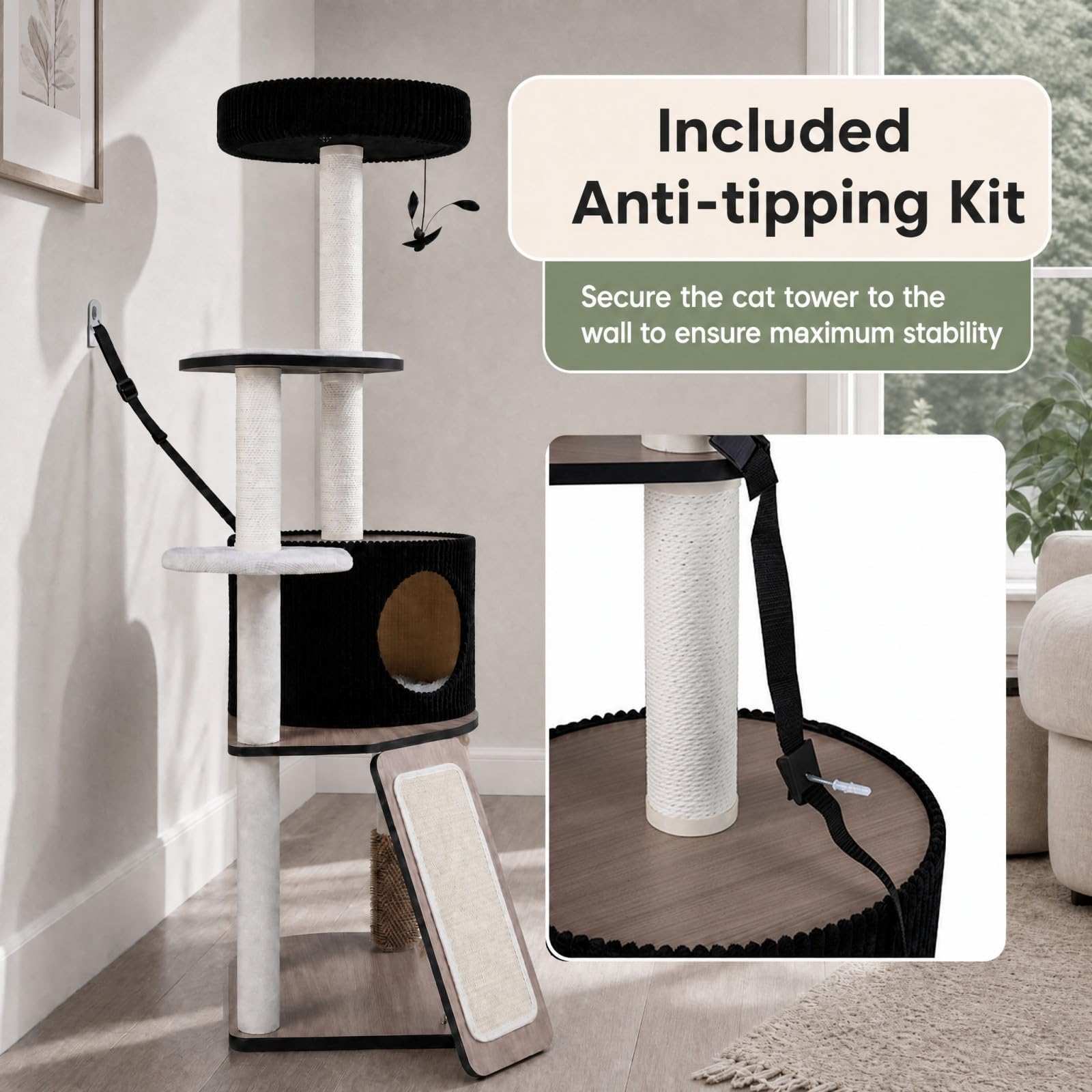 GOPLUS 155 cm Gran Torre de Gatos Multinivel con Postes Rascadores y Rampa | Árbol Rascador para Gatos con Casita, Percha Mullida, Plataformas y Juguete Colgante, Centro de Actividades para Gatitos