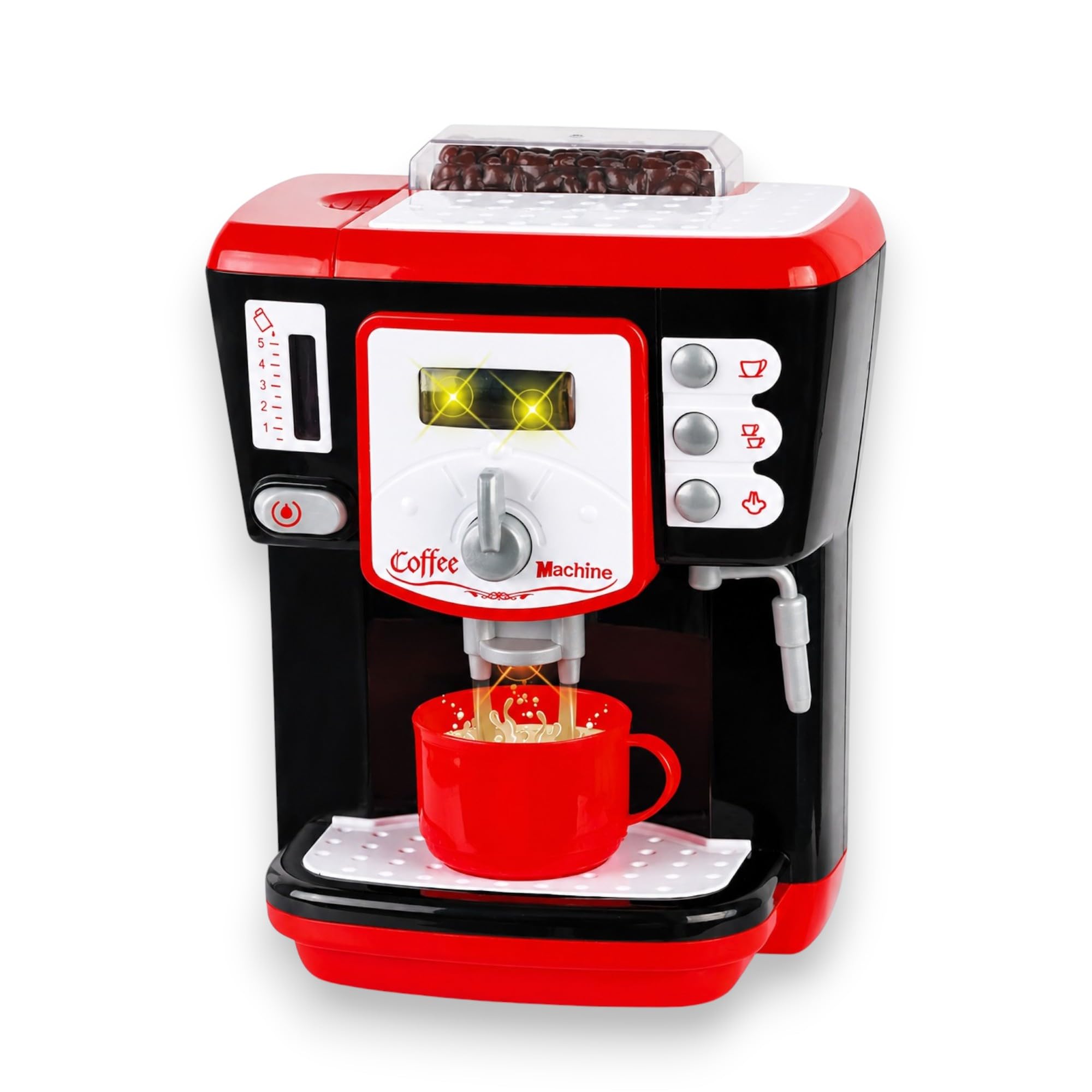 KORAT Macchina Caffè Giocattolo Bambini con Luci e Suoni, Effetto Vapore, Pulsanti Interattivi, Gioco Educativo di Ruolo in Plastica Sicura e Resistente, Dimensioni 19x11x24 cm 3+ Anni
