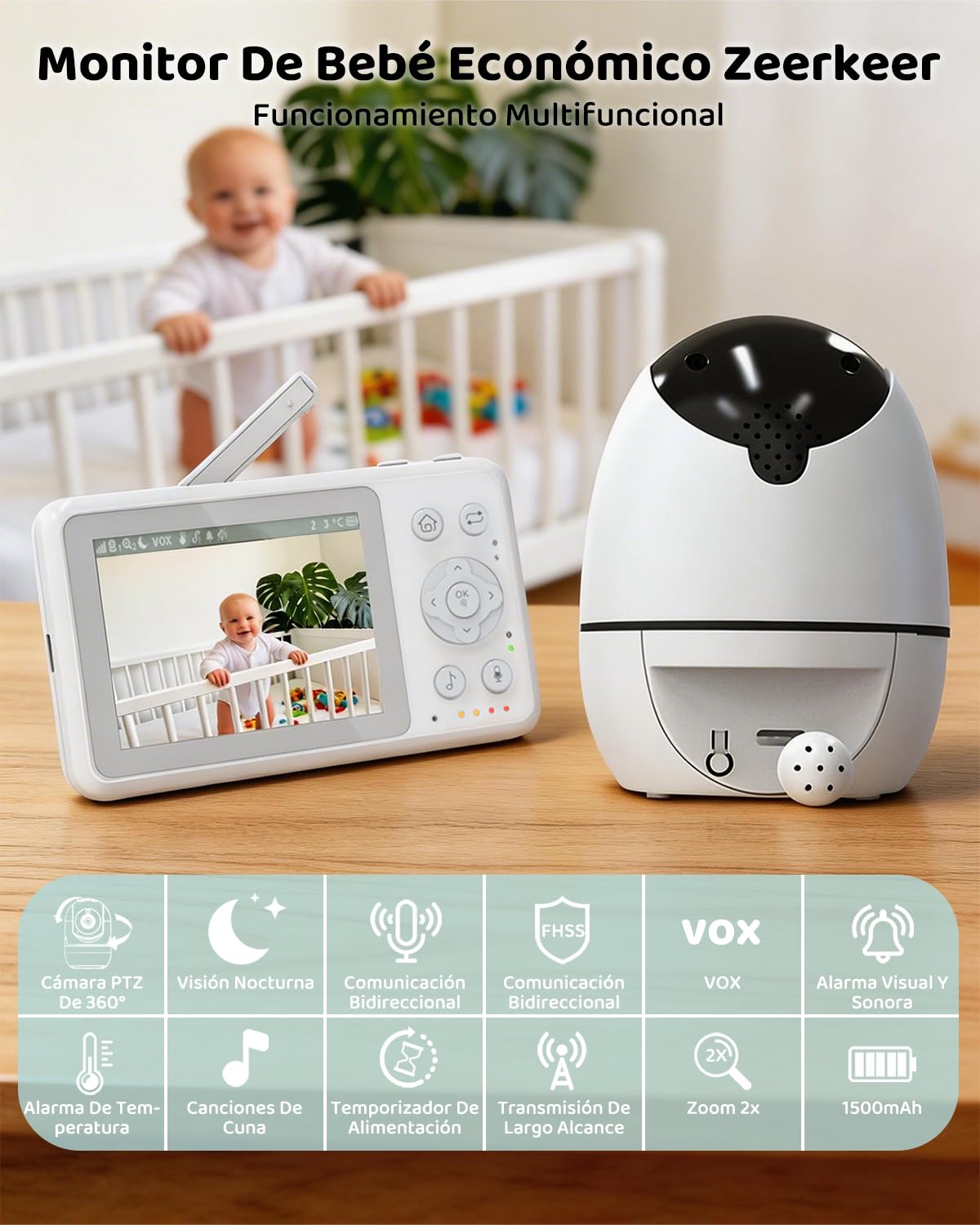 Zeerkeer Camara Vigilancia Bebe sin WiFi, 3.2” Vigilabebés con Cámara, Monitor para Bebé con Visión Nocturna Infrarroja, Audio Bidireccional, VOX Detección de Llanto, Monitoreo de Temperatura