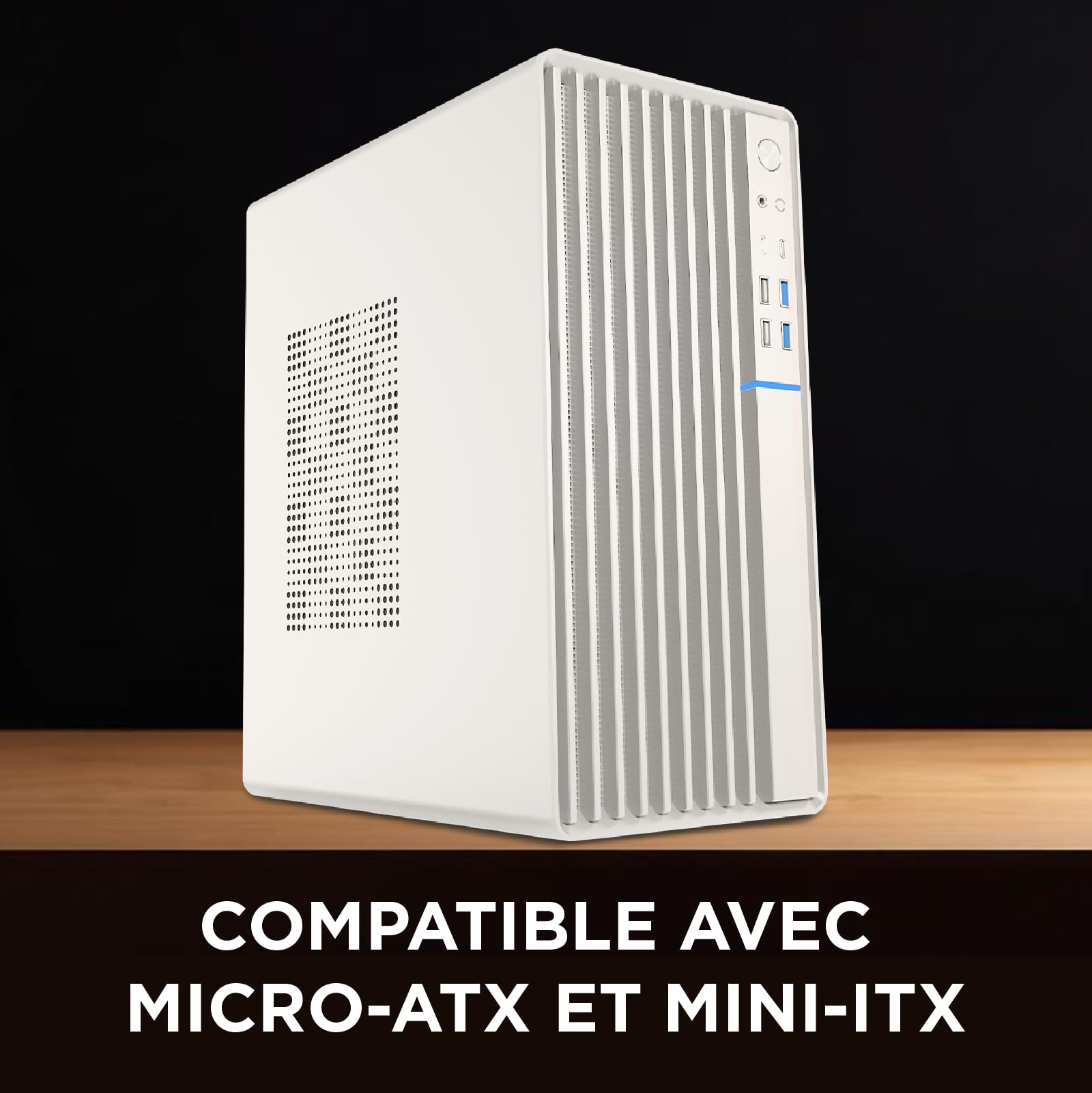 Nuwo Quartz QH300 | Boîtier PC Compact Micro-ATX sans Bloc d'alimentation | Compatible avec MicroATX et Mini-ITX | Refroidissement réseau Frontal | USB 3.0 et Type-C, Blanc