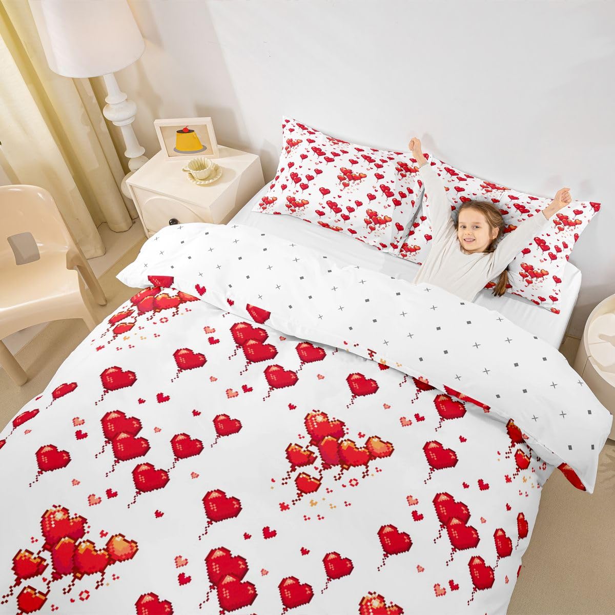 Homewish Pikselowa miłość serce król zestawy pościeli dziewczyna uroczy czerwony balon poszewka na kołdrę retro romantyczne serca poszewka na kołdrę estetyczna grafika zestaw łóżka