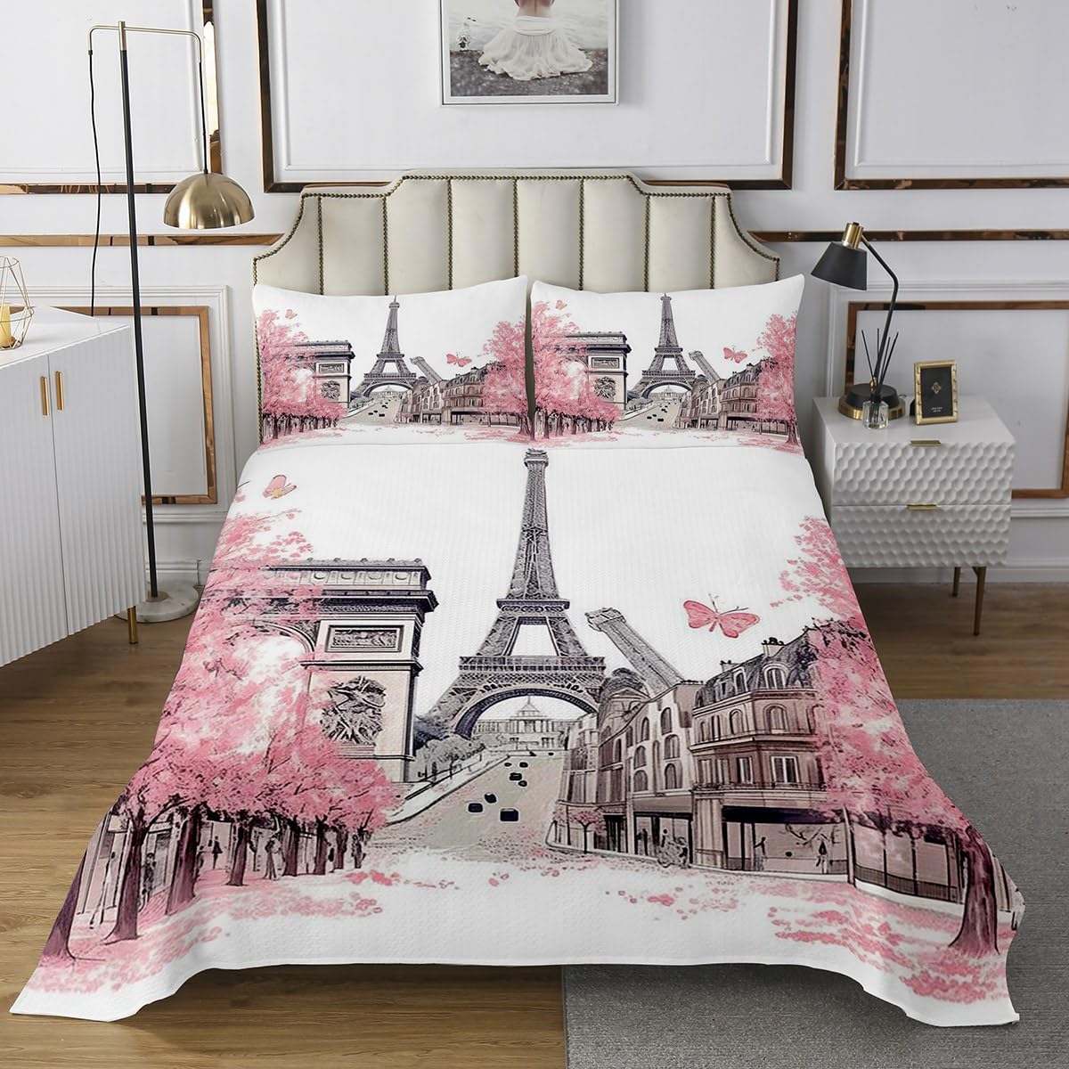 jejeloiu Pink Eiffel Tower Coverlet Set Queen Size Paris Bedspread for Kids Boys Girls Decor Modern Cityscape London Street Scene Quilted Coverlet European City Quilted