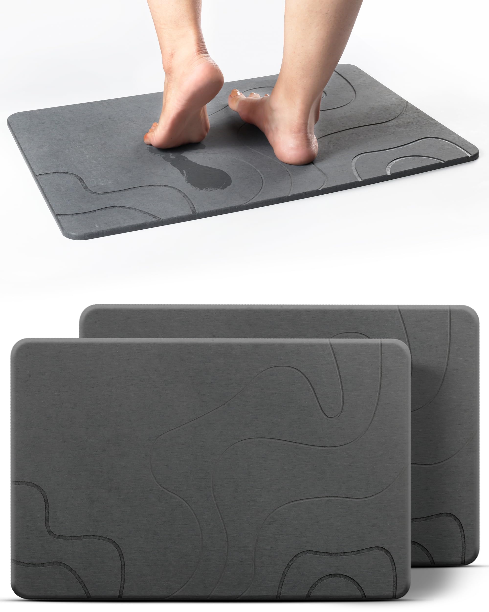 BigBcart Stone Bath Mat - Diatomaceous Earth - Non-Slip, Quick Dry - Absorbent - Durable - Grey - 23.7x15.4 inch - Pack of 2
