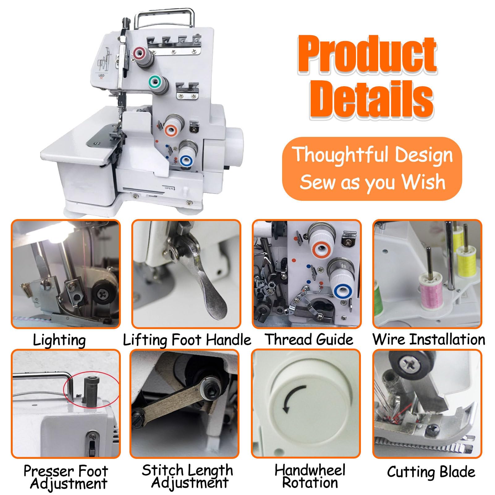 Máquina De Coser Overlock Portátil, Máquina De Coser Overlock De Sobremesa con Luz LED Y Kit Completo De Accesorios, para Hacer Dobladillos, Costuras Y Arreglos De Sastrería En Casa