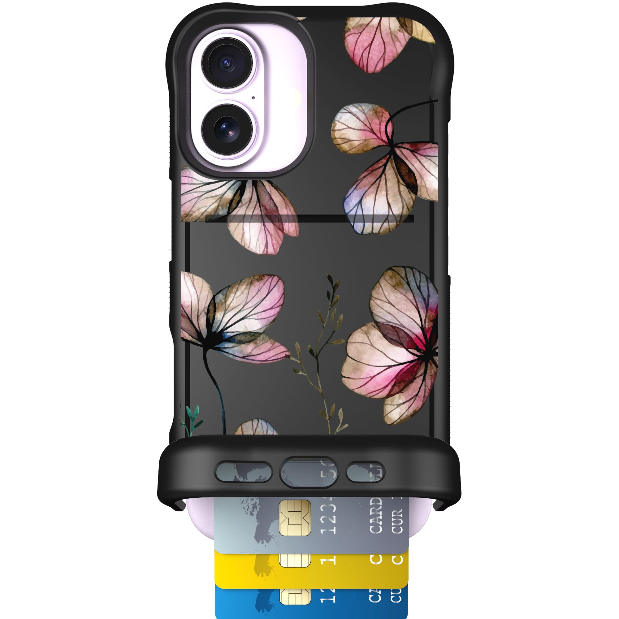 Scooch Funda para iPhone 17 con tarjetero, funda tipo cartera con ranura oculta para tarjetas y protección RFID, capacidad para 3 a 4 tarjetas, protección contra caídas de 10 pies, flores secas