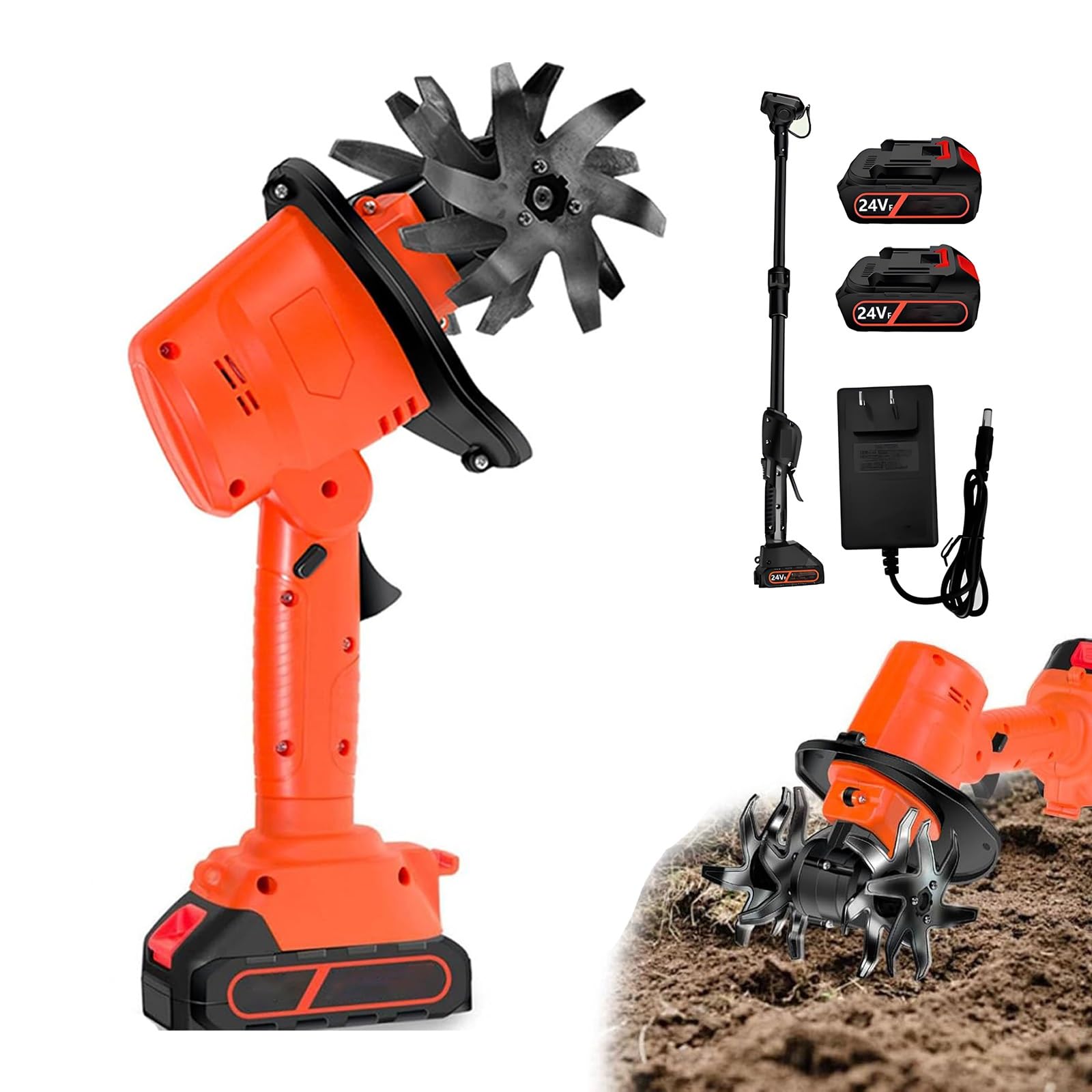 Motozappa Elettrica da Giardino Senza Fili 24V – Motocoltivatore con Asta Estensibile e 2 Batterie, Denti in Acciaio a 4 File, Profondità 10cm – Zappatrice Elettrica per Terreno e Serre