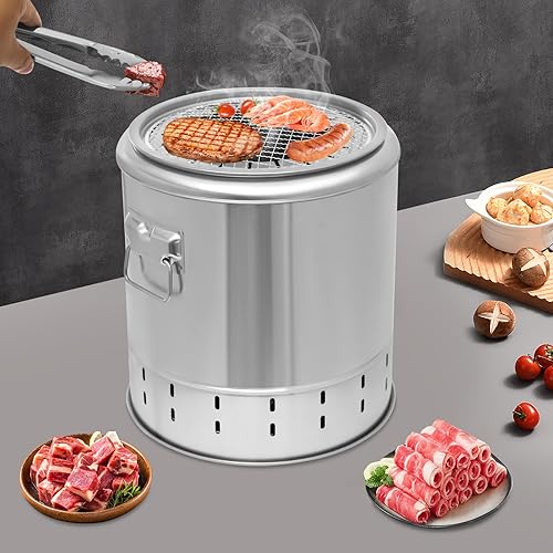 Miniatura 7 de Parrillas de carbón, 13.39 x 14.17 pulgadas, barril de barbacoa de acero inoxidable, parrilla portátil de carbón, cubo de barbacoa de gran