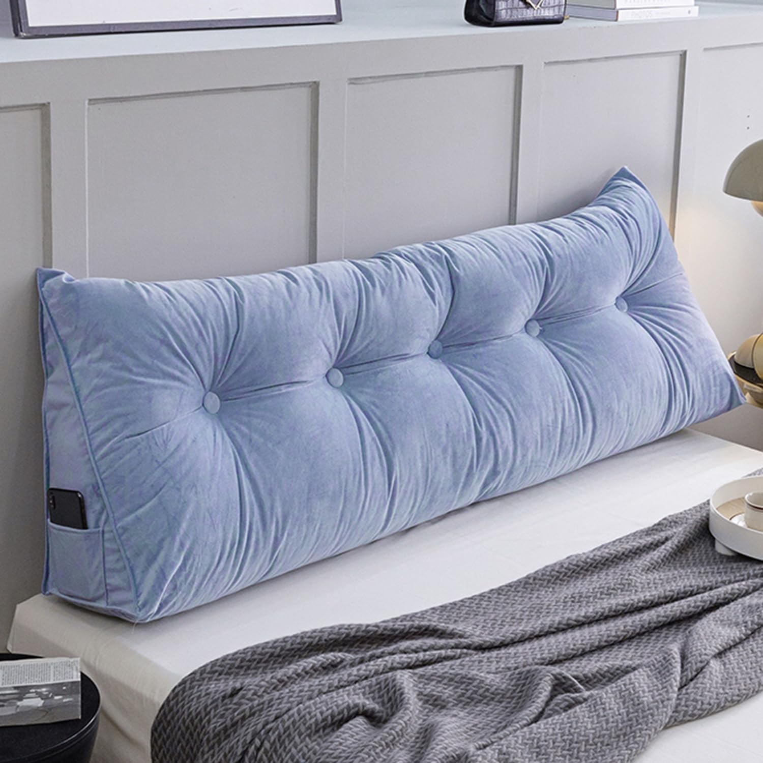 Tufted Button Headboard Pillow Triangular Wall Pillow Reading Support Cushion,Solid Color Bed Backrest Bunk Bed Dorm Cushion with Removable Fleece Cover,Blue,Queen/59 Inches