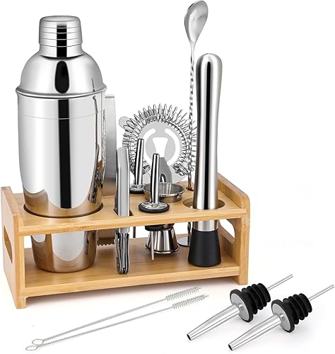 Mixology - Kit de camarero de 14 piezas, juego de coctelera de acero inoxidable y soporte de bambú, regalos para hombres, padres, amantes de los