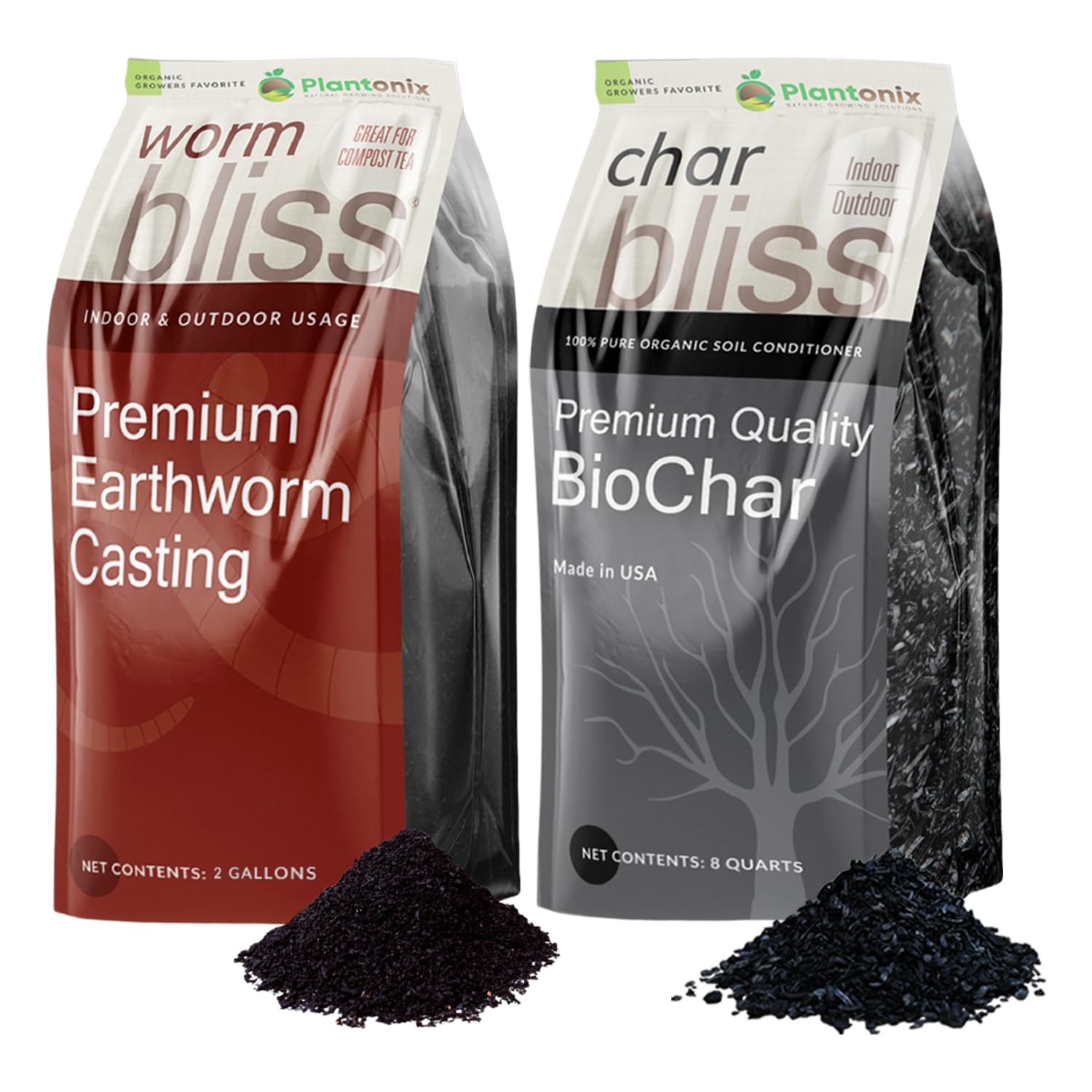 Worm Bliss (2 Gallons) + Char Bliss (8 Qts) - Organic Worm Castings for Plants & Organic Biochar for Plants - Biochar Soil Amendment - Charcoal for Plants - Earthworm Castings Organic Fertilizer