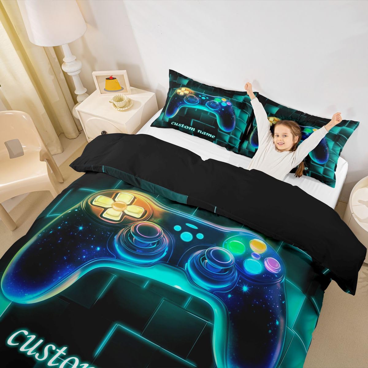 Homewish Juego de funda de edredón personalizada con diseño de consola de videojuegos para niños y jóvenes, juego de ropa de cama azul con nombre personalizado, funda de edredón con estampado de