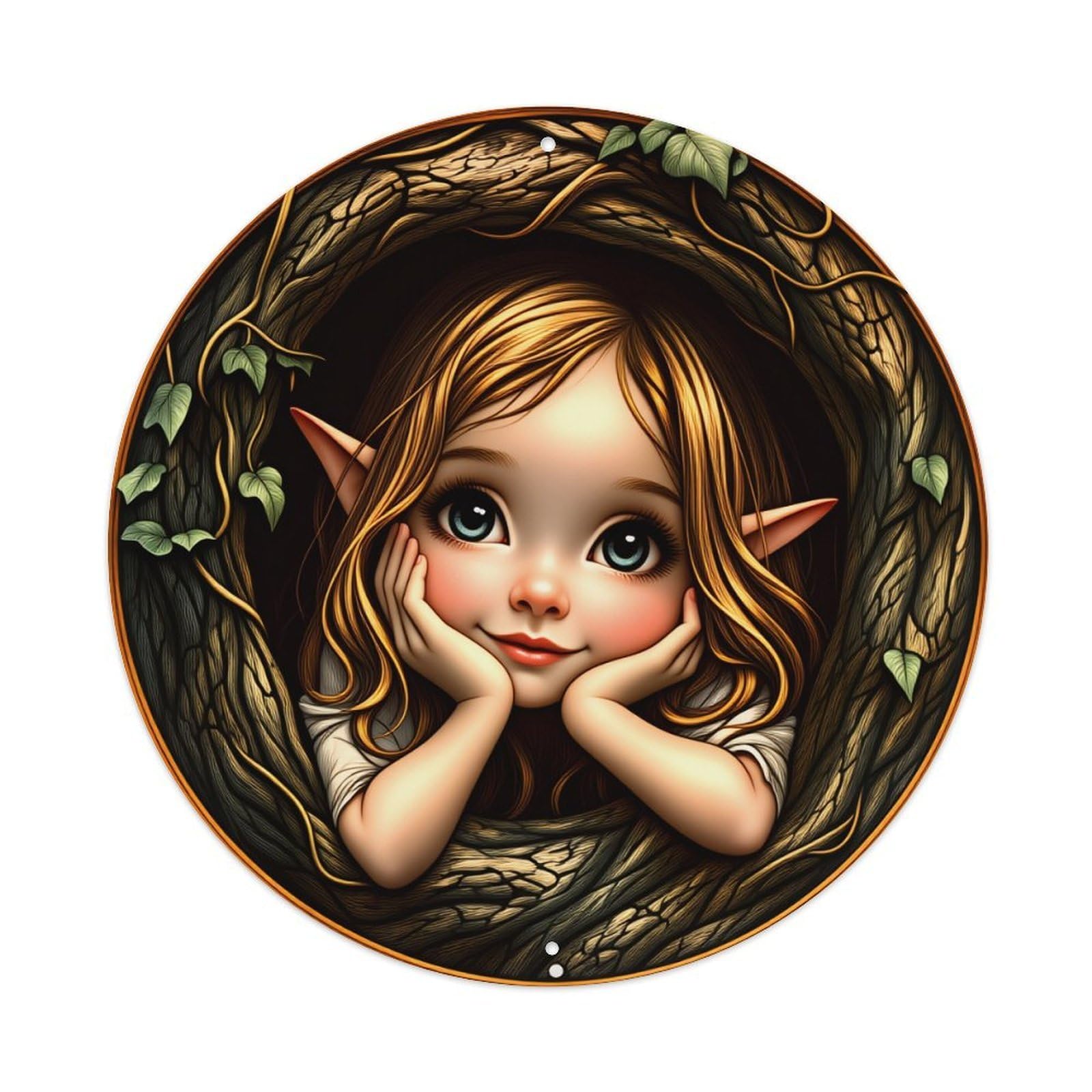 Elf Girl In Tree Round Tin Sign Vintage Style Metal Sign Home Bar Garden Wall Plaque Decor Metal Poster 8x8 Inch